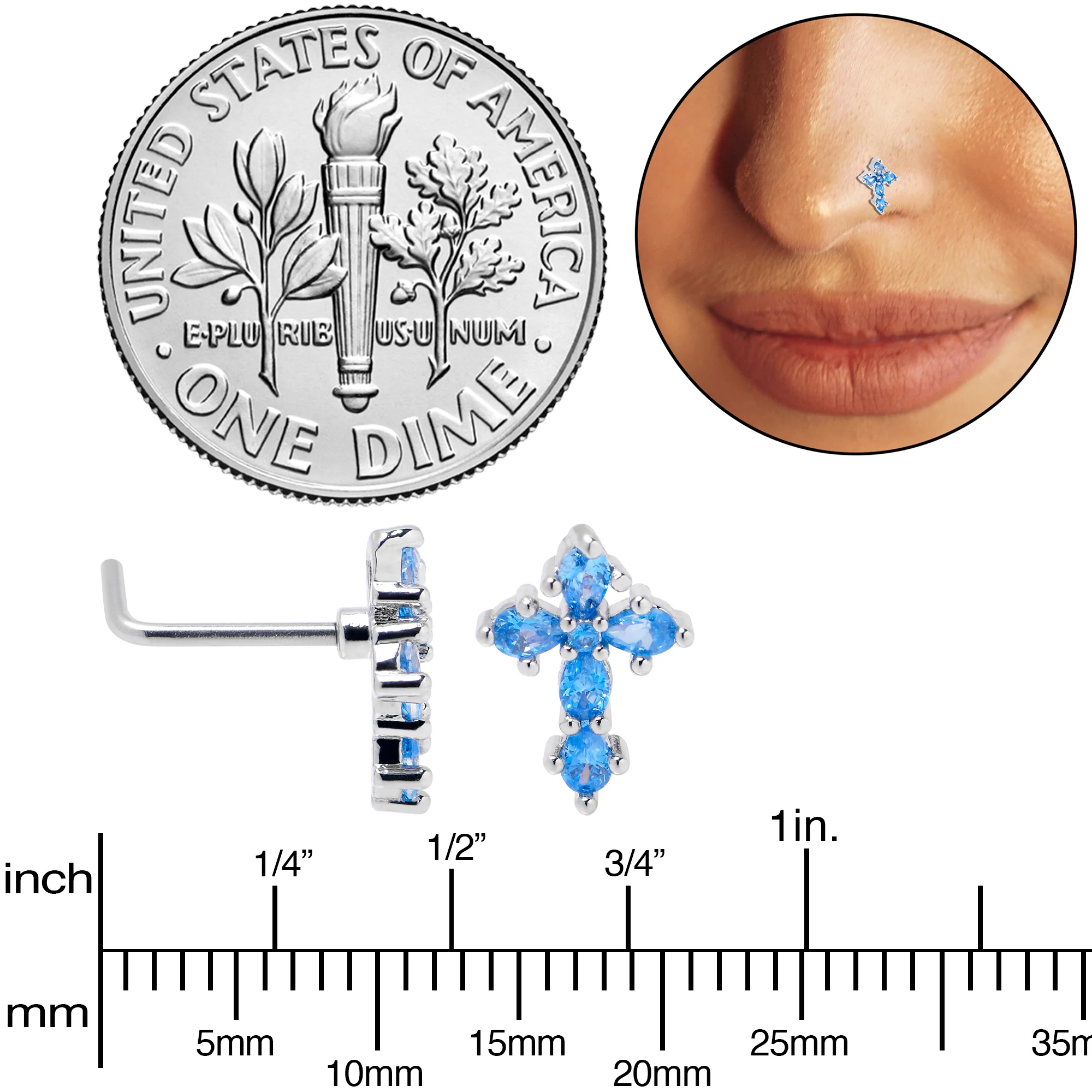 20G 7mm Blue CZ Gem Classic Cross L Shape Nose Ring - Image 6