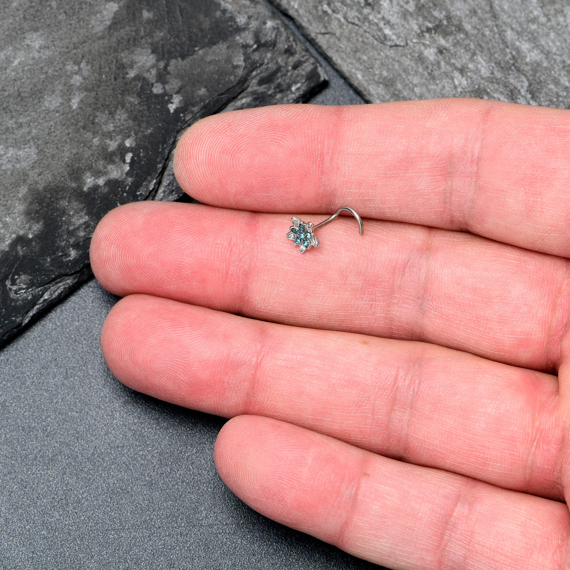 20G 7mm Blue CZ Gem Snowflake Flower Left Side Nose Screw - Image 4