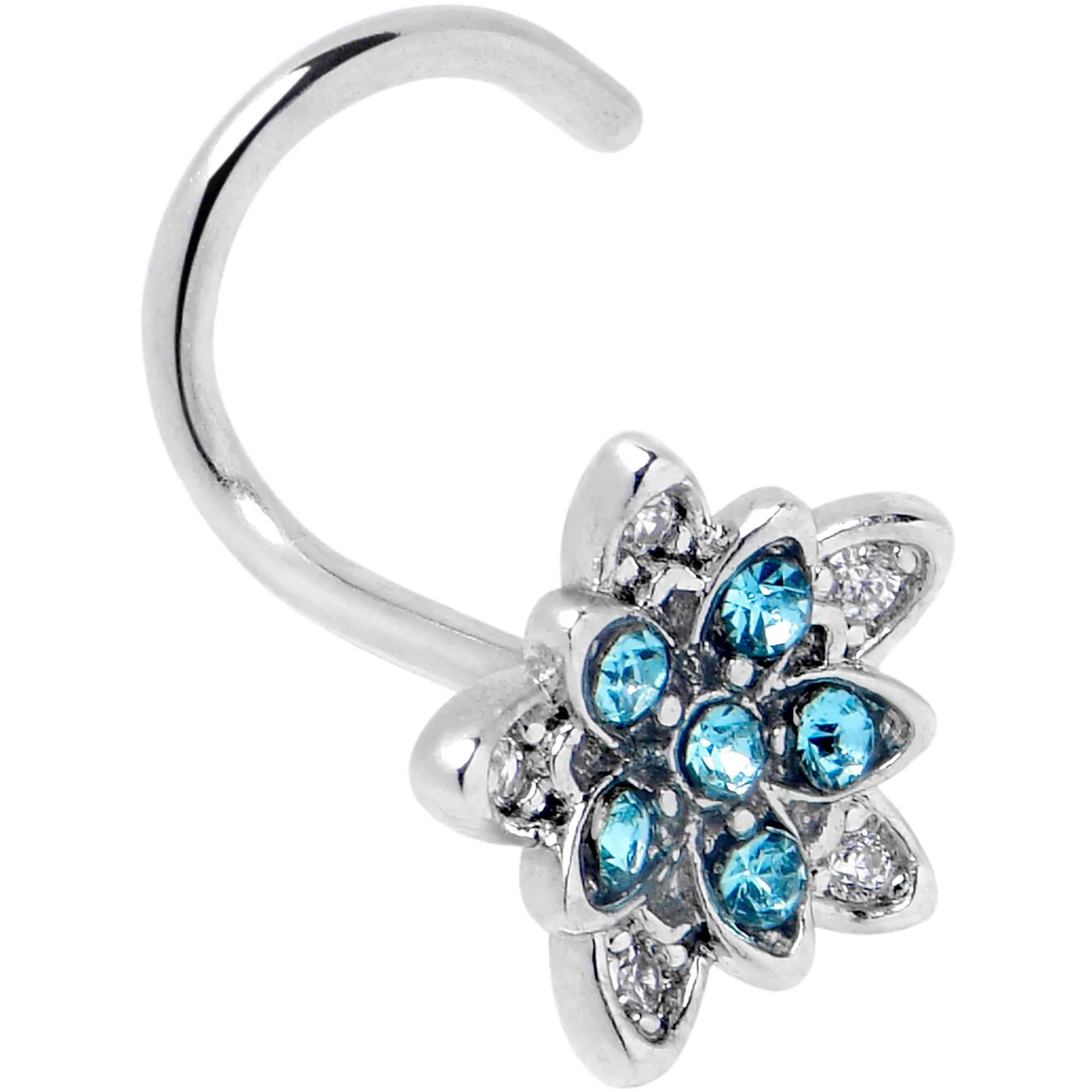 20G 7mm Blue CZ Gem Snowflake Flower Left Side Nose Screw - Image 5