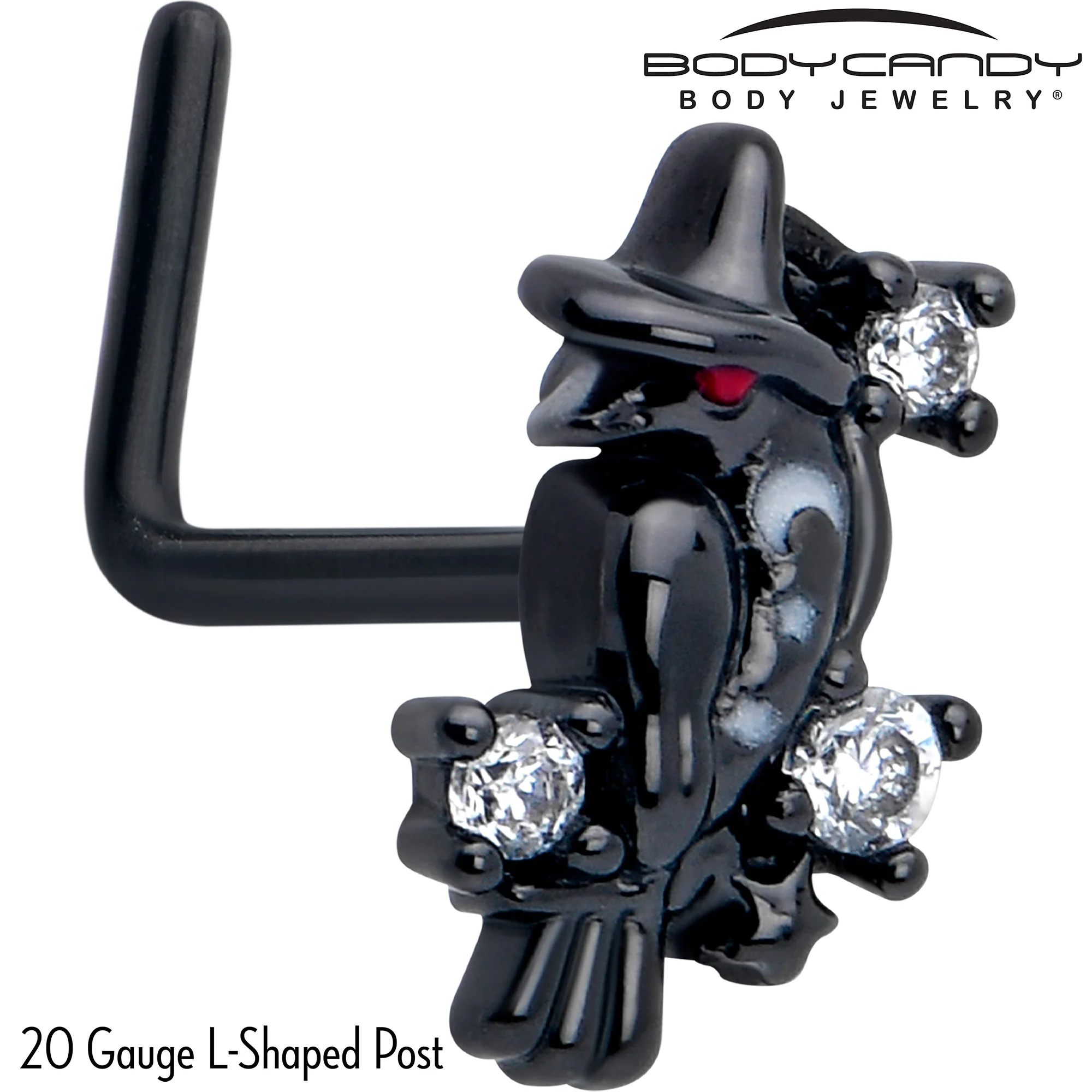 20G 7mm Clear CZ Gem Black Raven Witch L Shape Nose Ring - Image 2