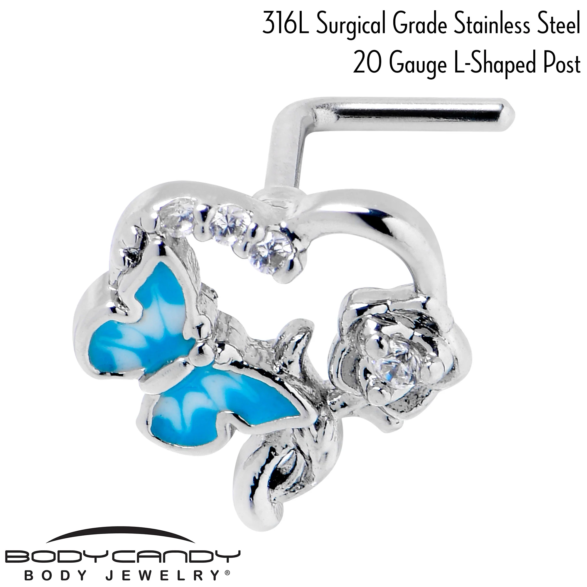 20G 7mm Clear CZ Gem Butterfly Rose Flower Blue L Shape Nose Ring - Image 5
