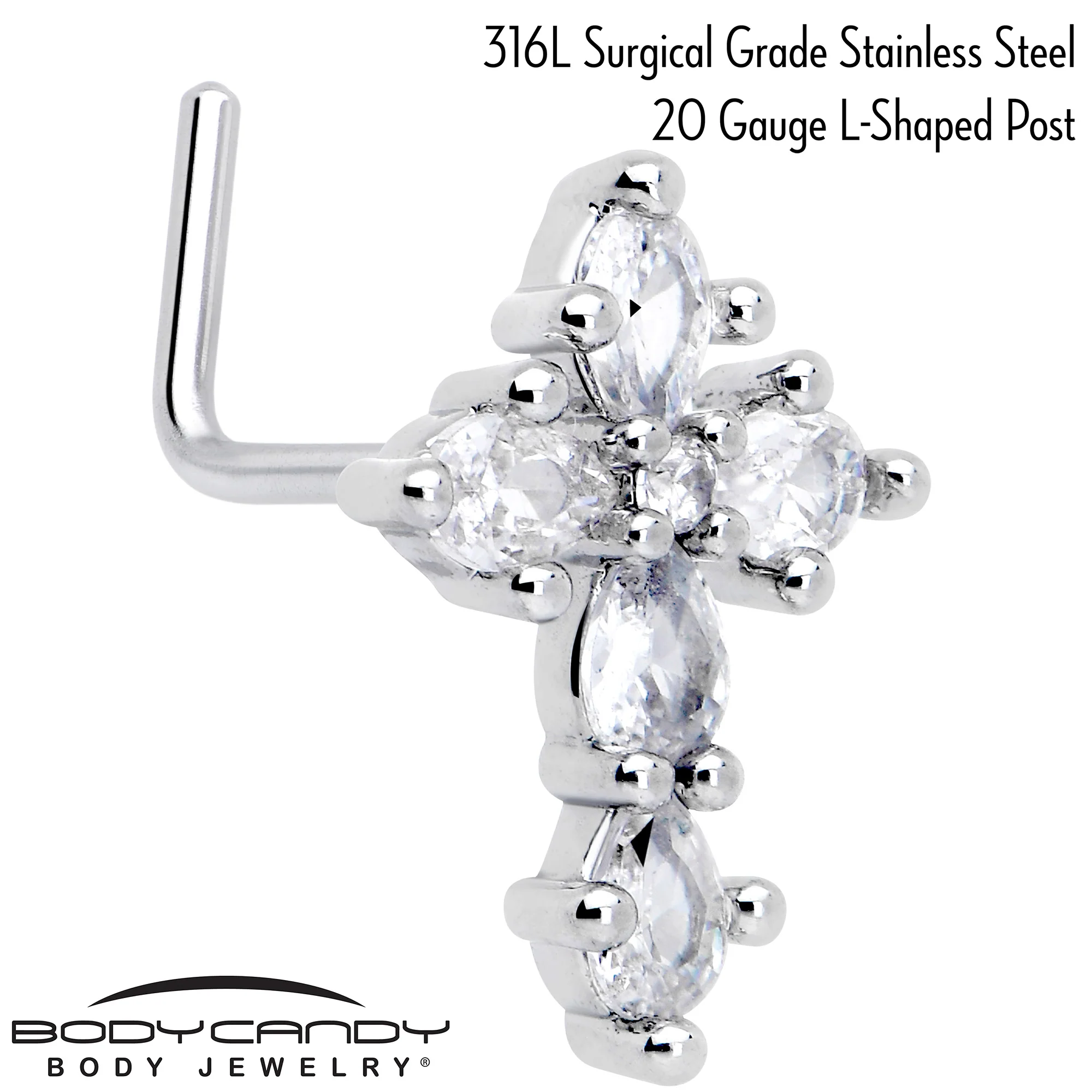 20G 7mm Clear CZ Gem Cross Dangle L Shape Nose Ring - Image 2