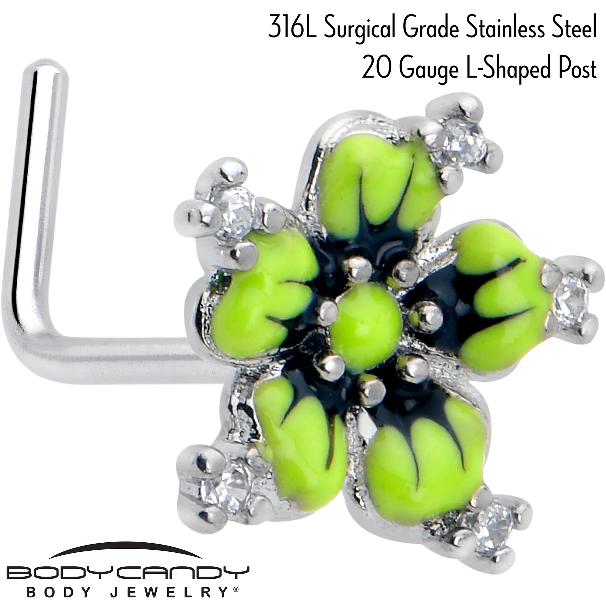 20G 7mm Clear CZ Gem Go Green Flower L Shape Nose Ring - Image 2