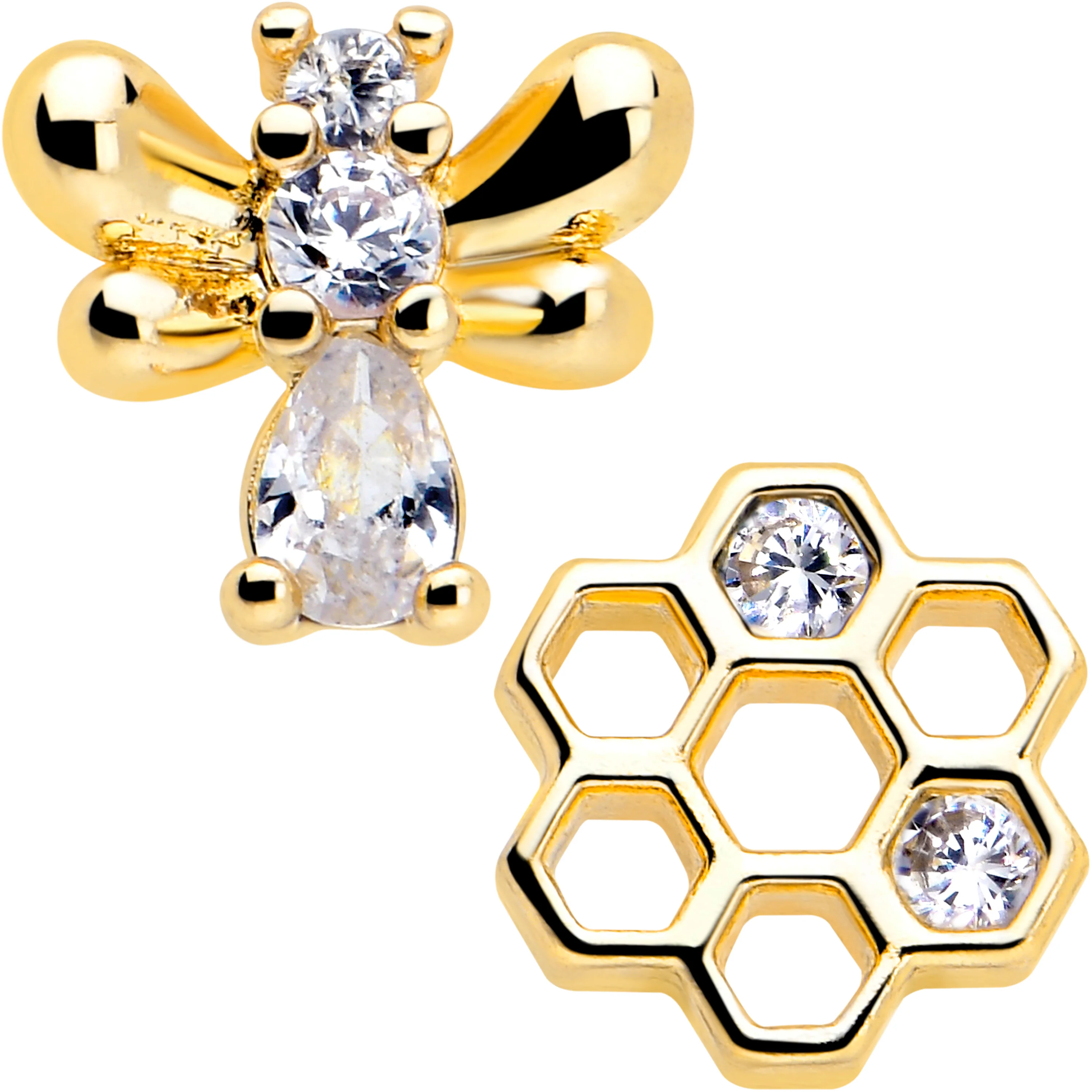 20G 7mm Clear CZ Gem Gold Tone Bee Hive Luv L Shape Nose Ring Set of 2 - Image 3