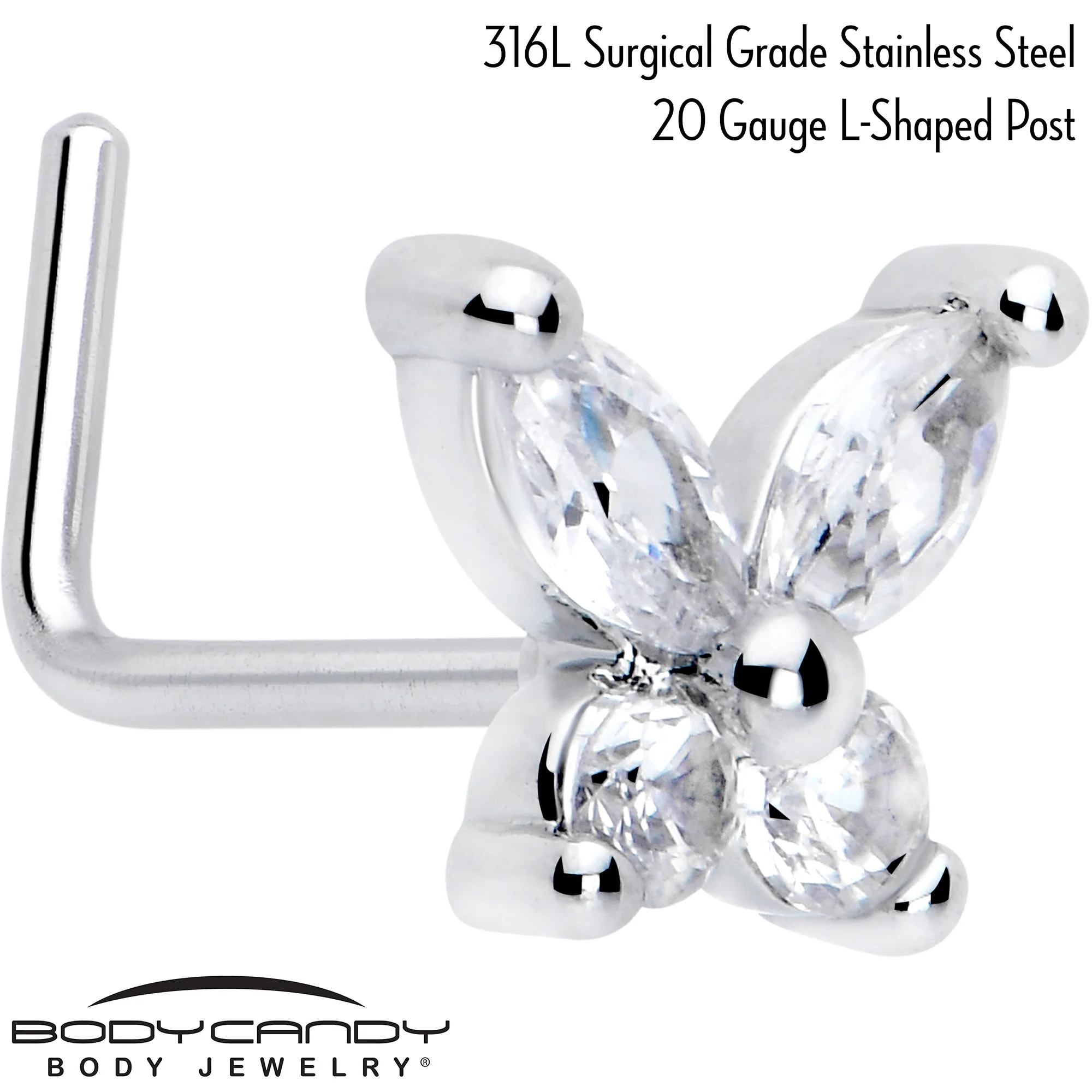 20G 7mm Clear CZ Gem Open Wing Butterfly L Shape Nose Ring - Image 2