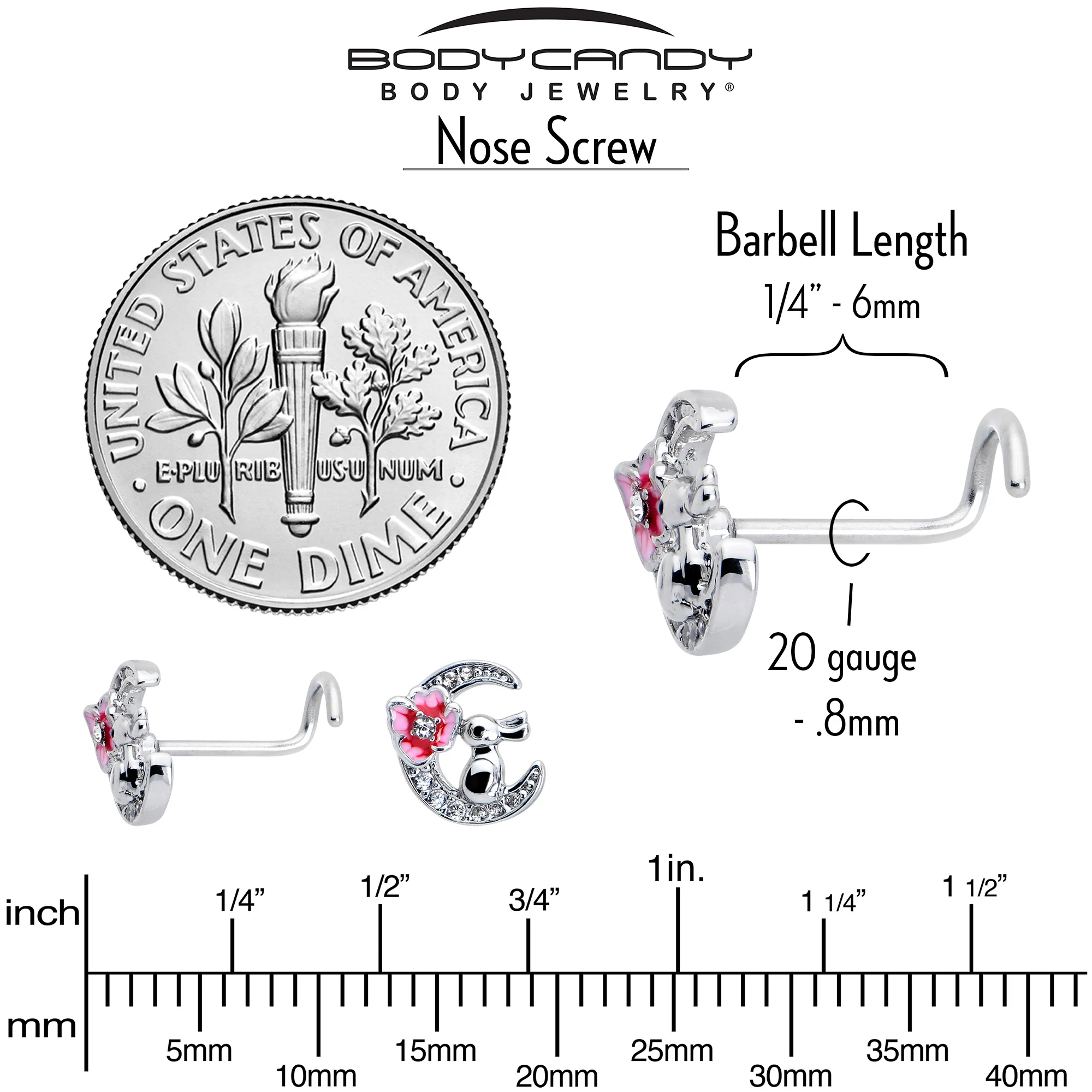 20G 7mm Clear CZ Gem Rabbit On The Moon Pink Left Side Nose Screw - Image 5