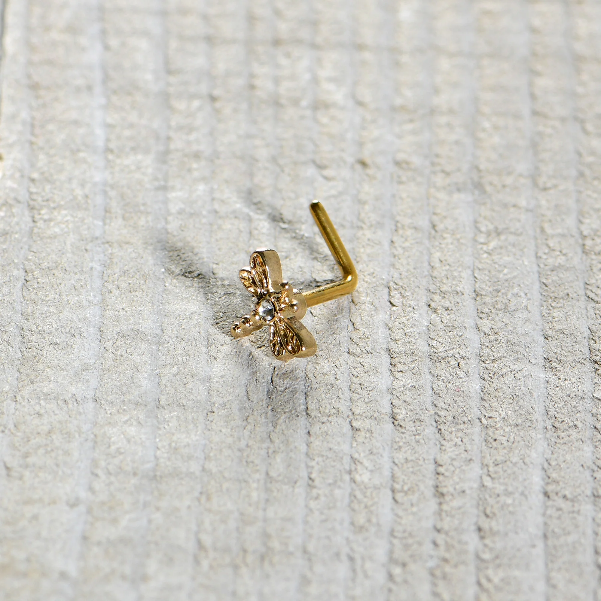 20G 7mm Clear Gem Gold Tone Flying Dragonfly L Shape Nose Ring - Image 7