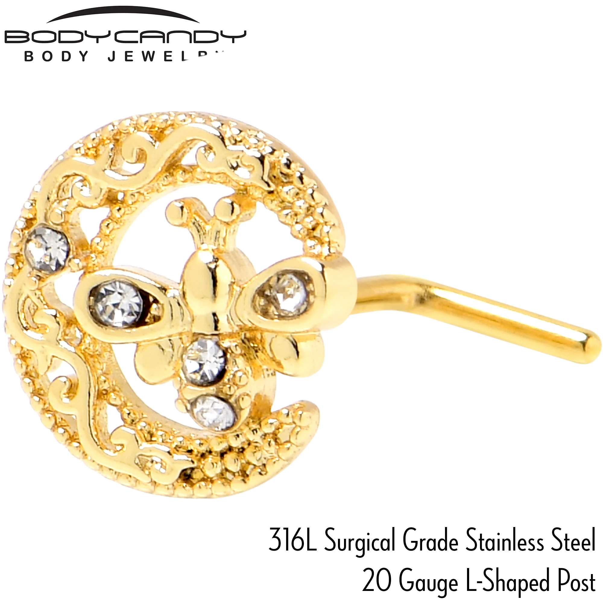 20G 7mm Clear Gem Gold Tone Lunar Dragonfly L Shape Nose Ring - Image 5