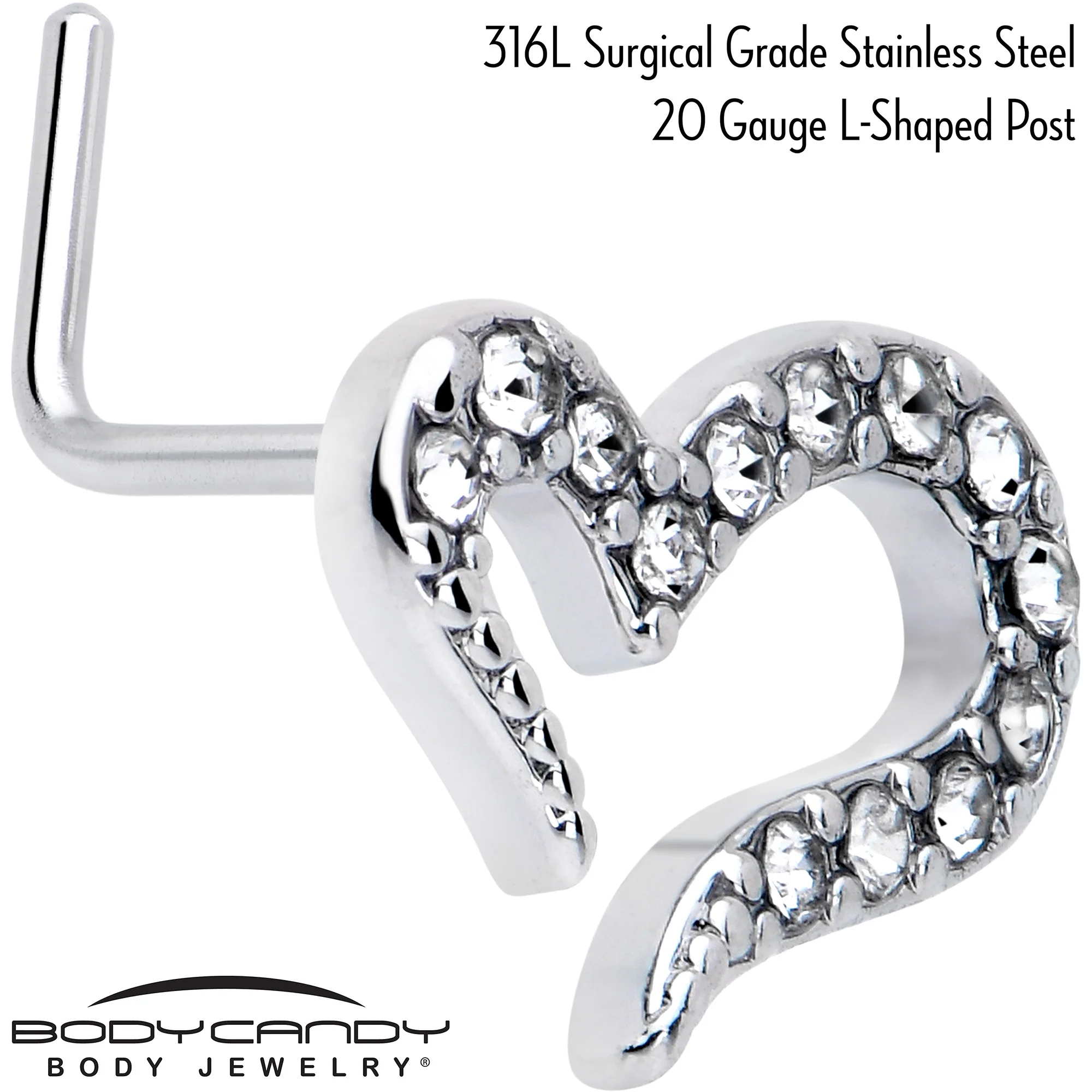 20G 7mm Clear Gem Stylized Heart L Shape Nose Ring - Image 2