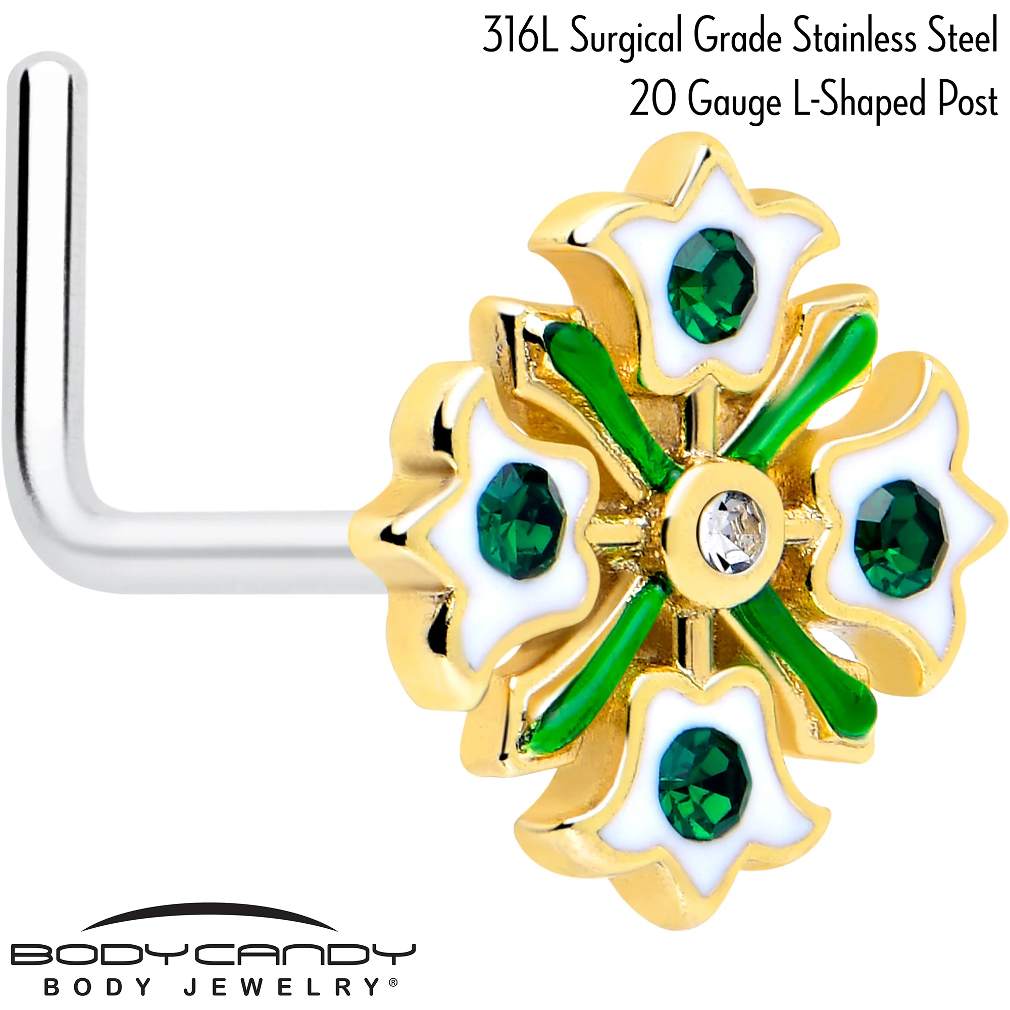 20G 7mm Green Gem Flower Wreath L Shape Nose Ring - Image 2