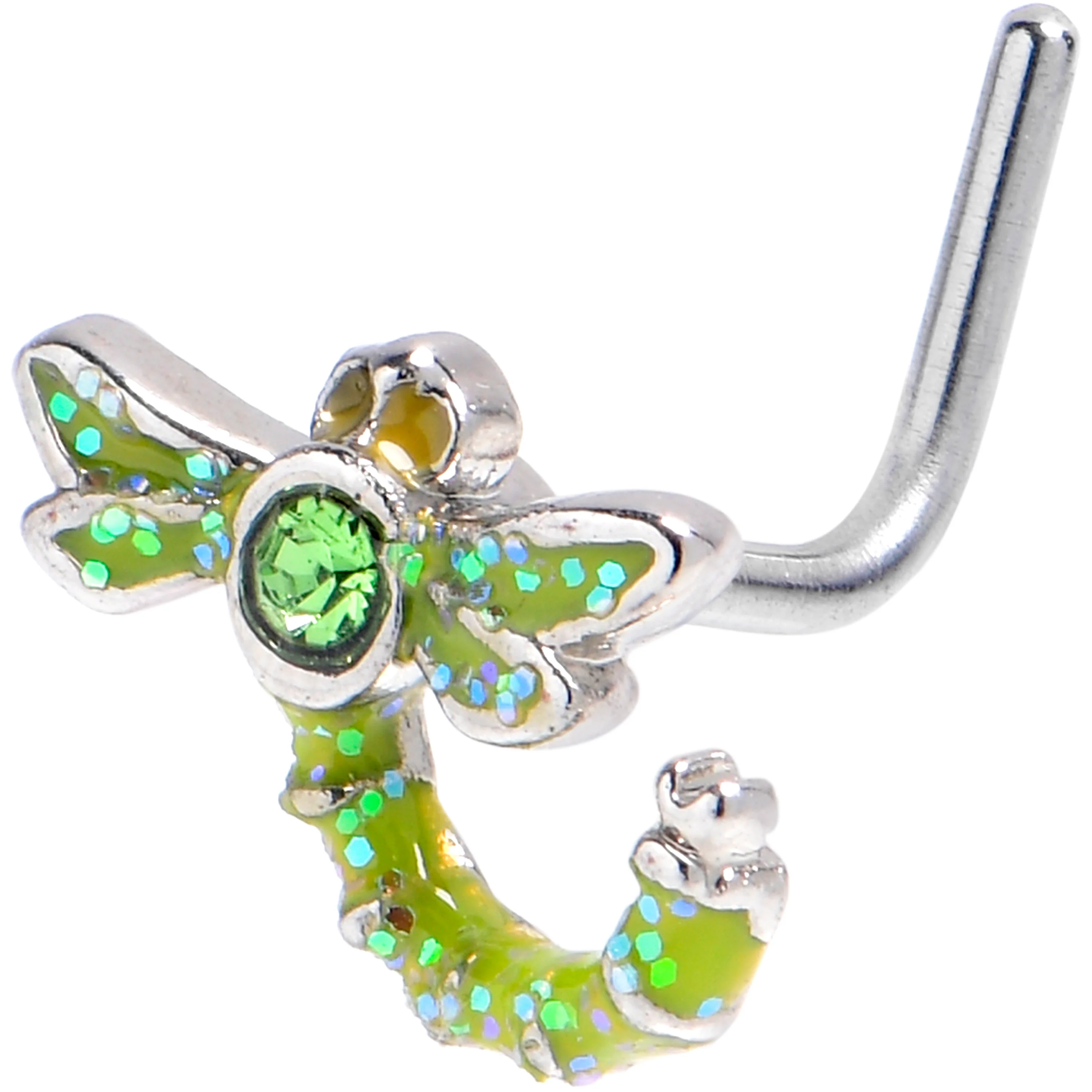 20G 7mm Green Gem Glitter Dragonfly L Shape Nose Ring