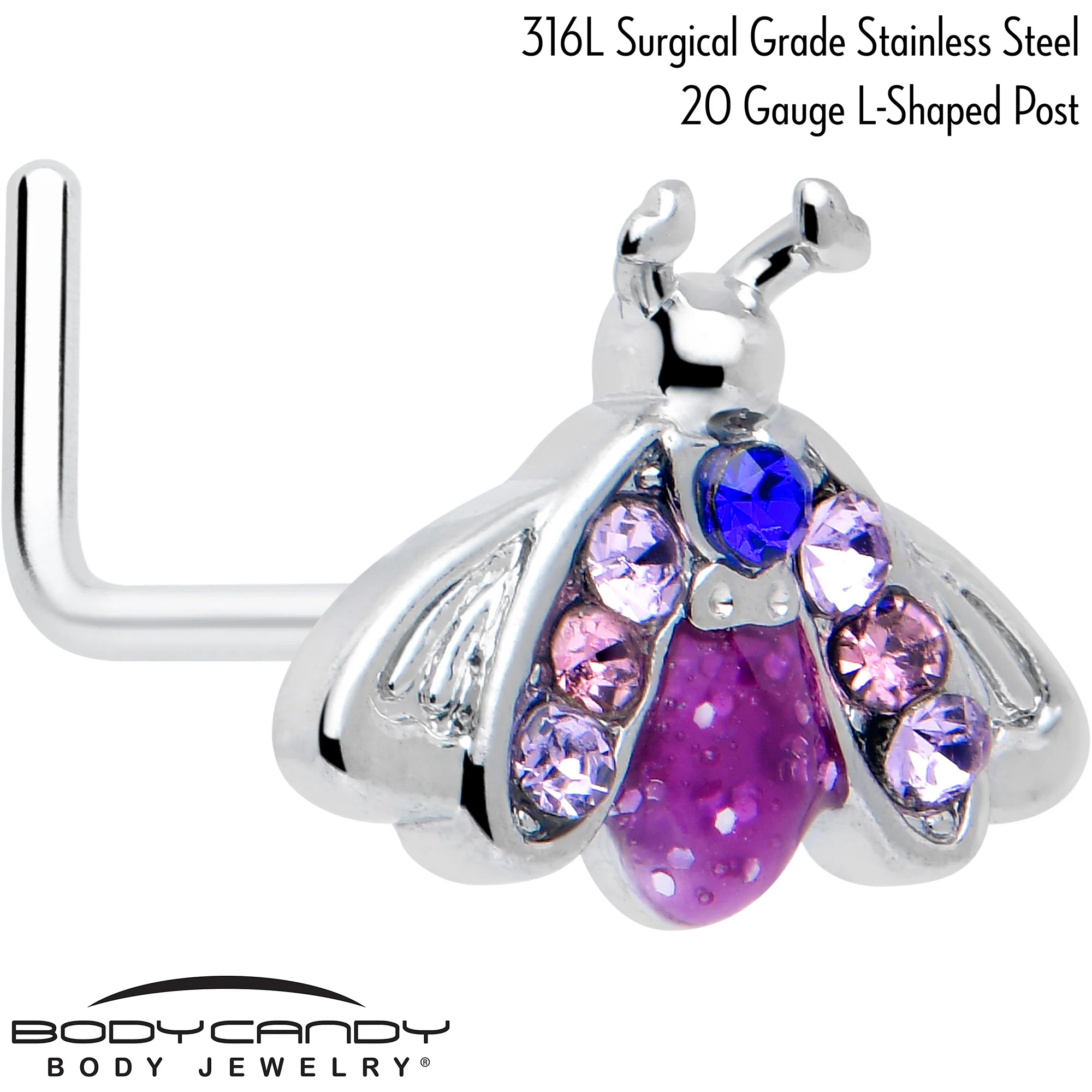20G 7mm Pink Blue Gem Beautiful Insect L Shape Nose Ring - Image 2