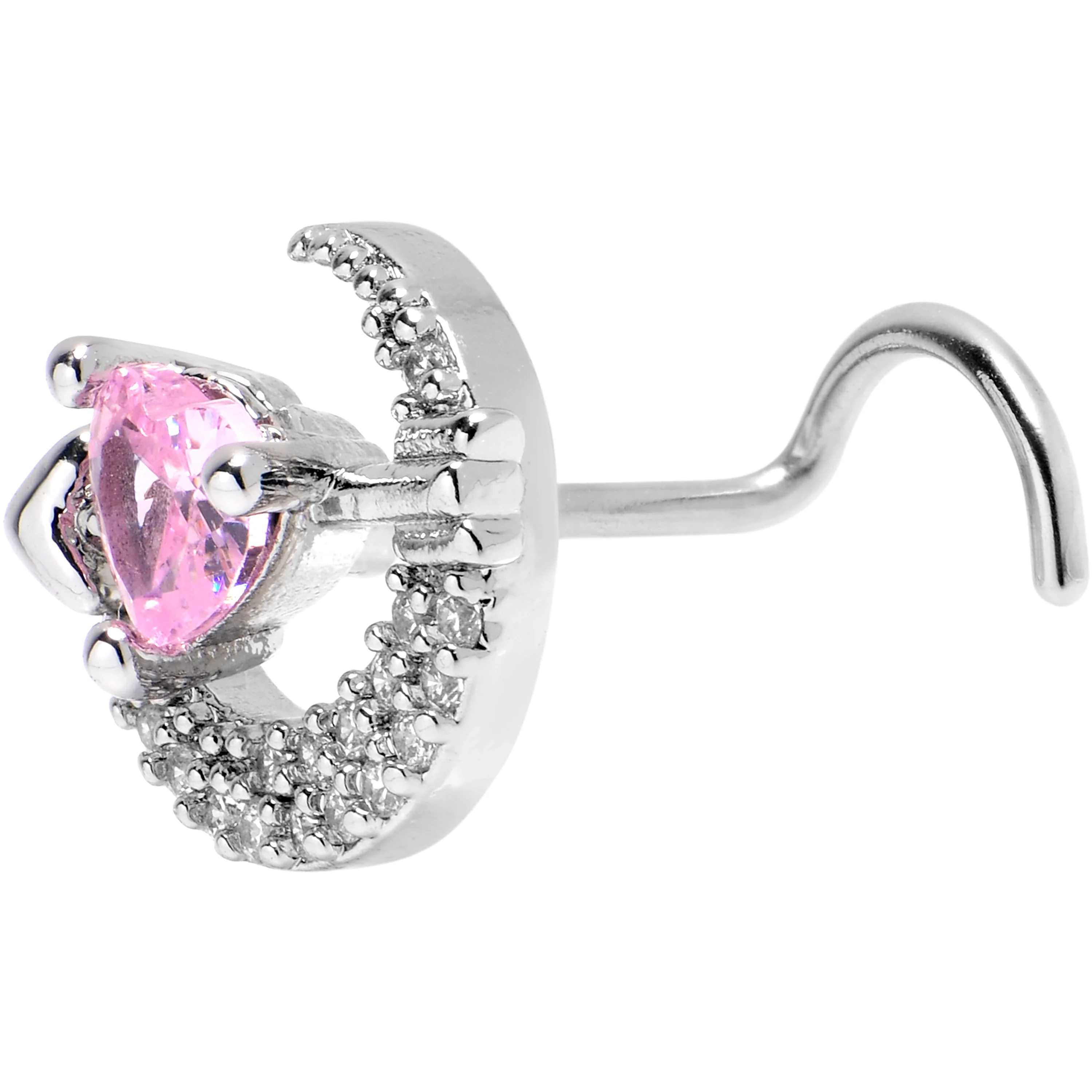 20G 7mm Pink Clear CZ Gem Moon Lover Left Side Nose Screw - Image 2
