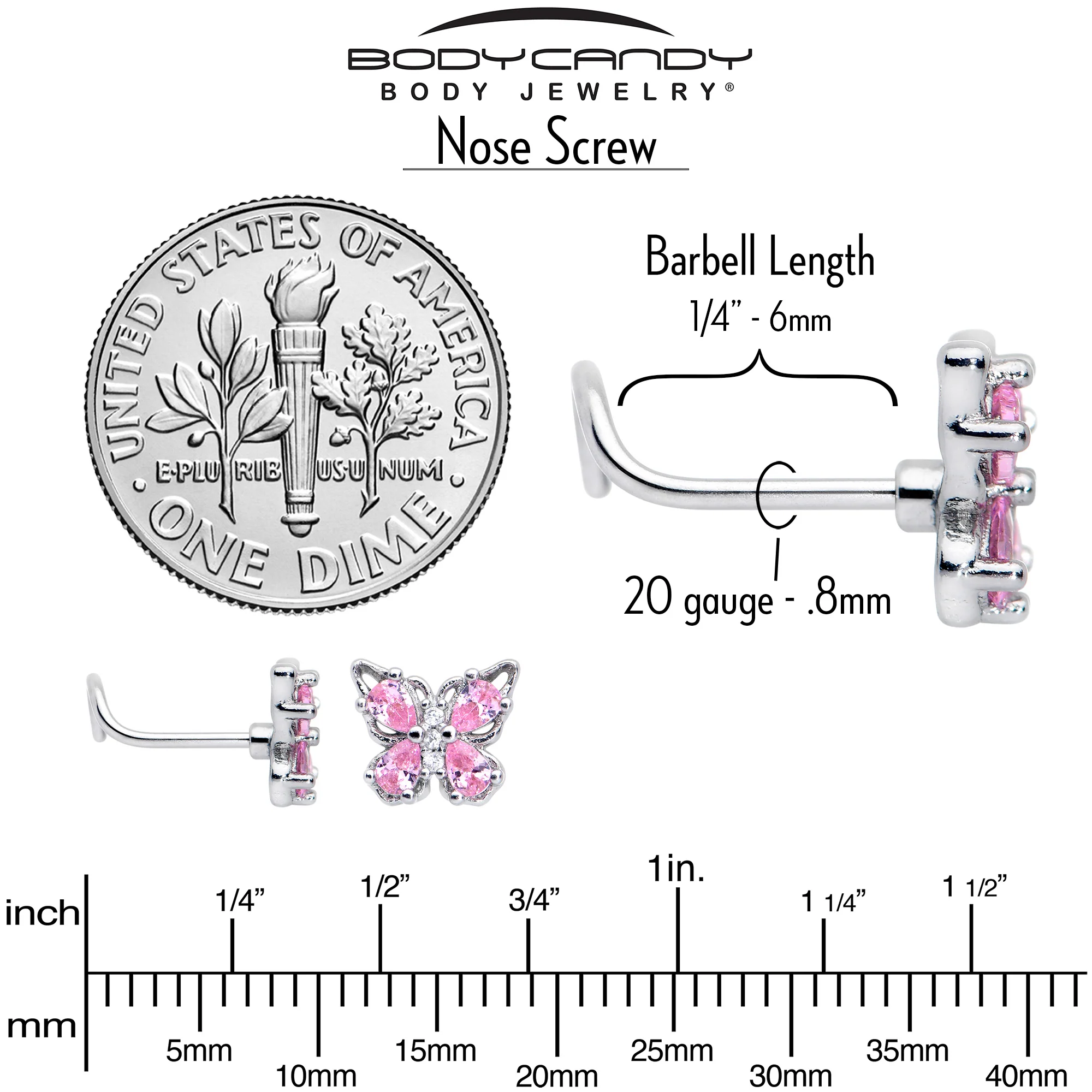 20G 7mm Pink Gem Baroque Beauty Butterfly Left Side Nose Screw - Image 7