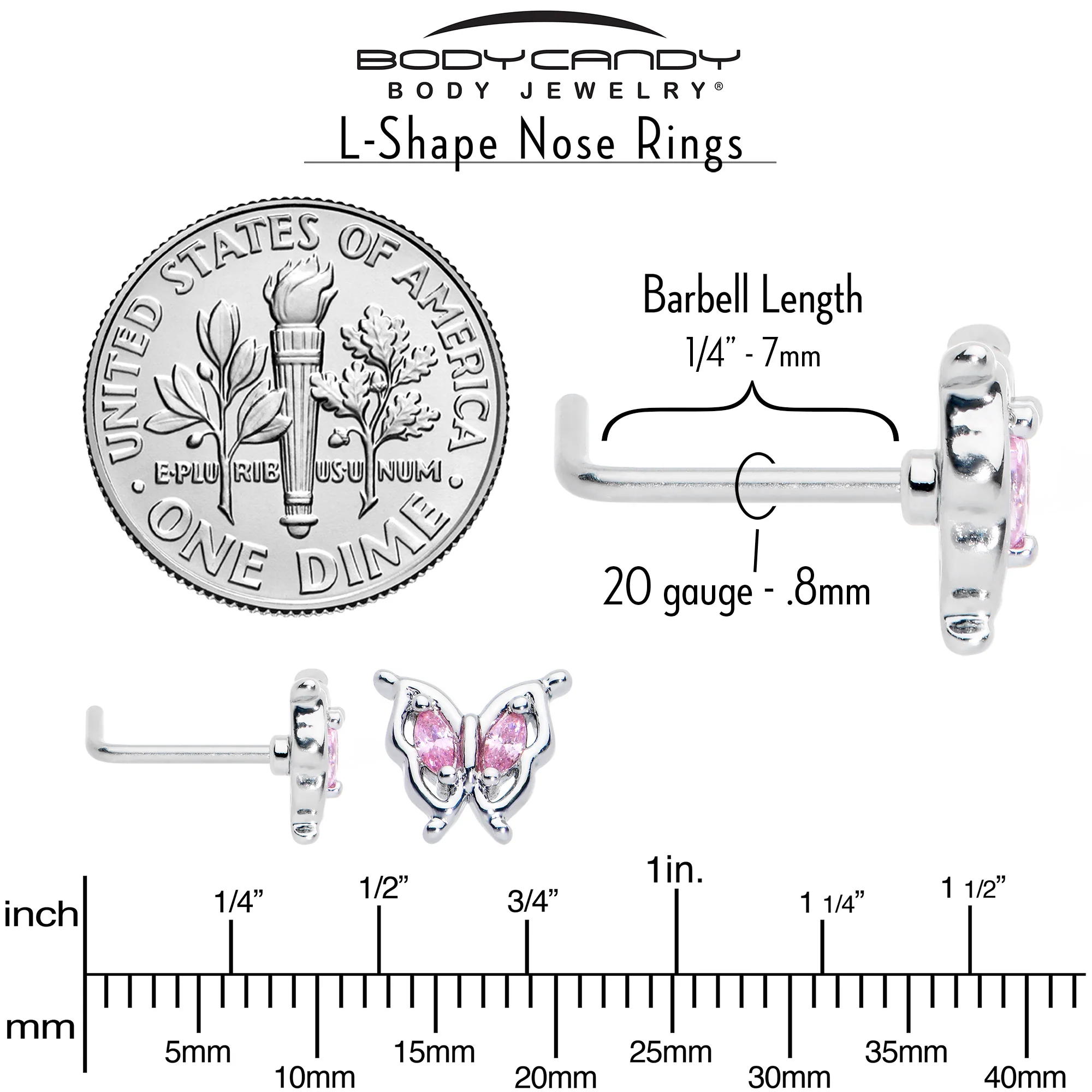 20G 7mm Pink Gem Fancy Fab Butterfly L Shape Nose Ring - Image 6