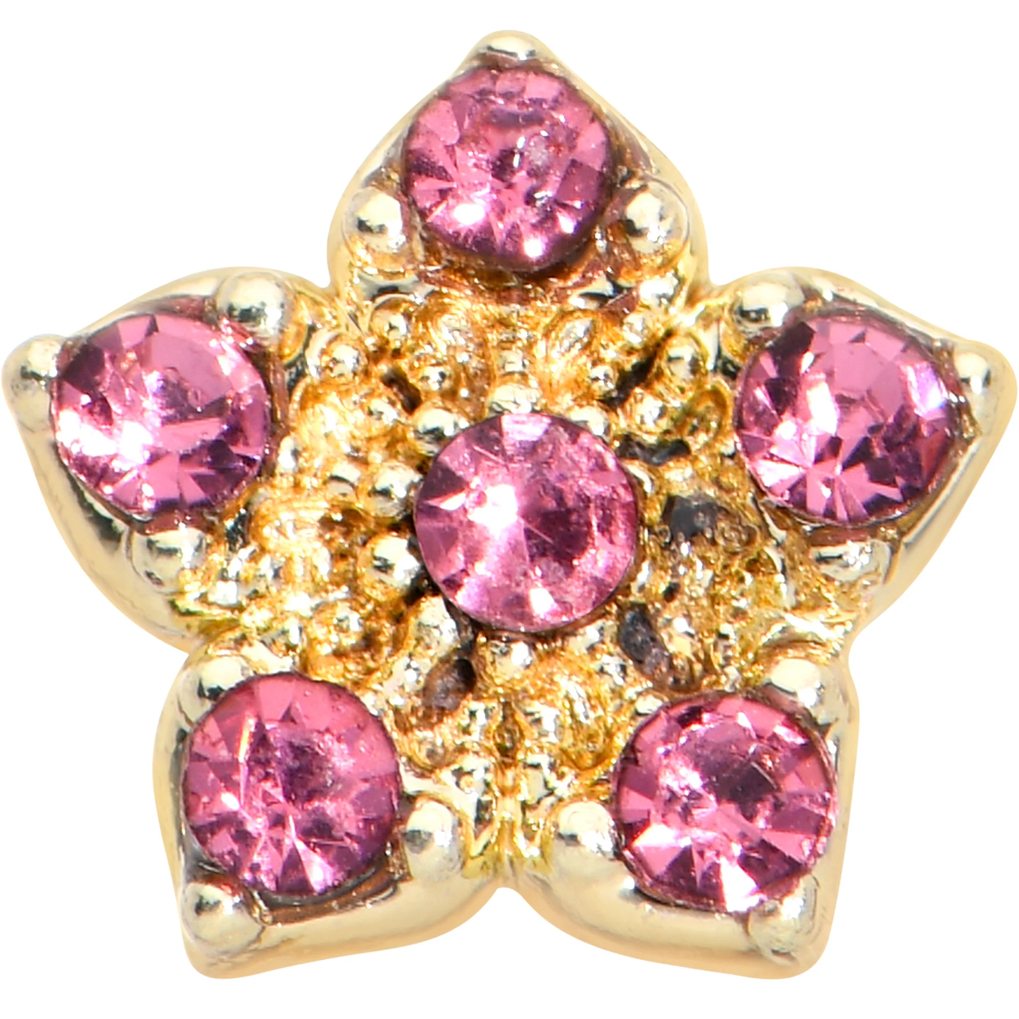 20G 7mm Pink Gem Gold Tone Texture Star Flower L Shape Nose Ring - Image 2