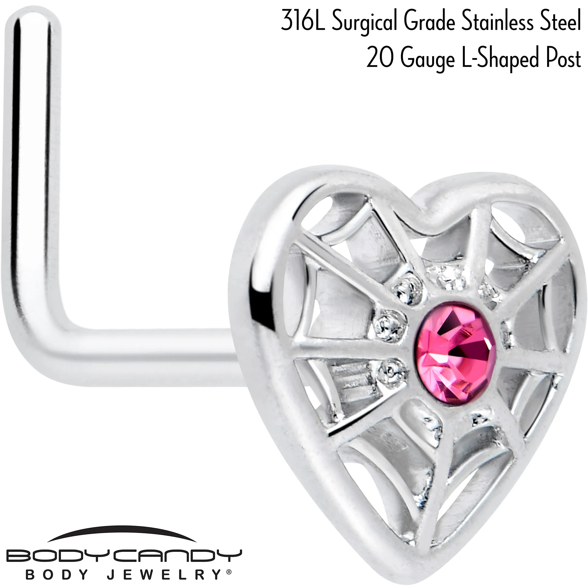 20G 7mm Pink Gem Spiderweb Heart Love L Shape Nose Ring - Image 2