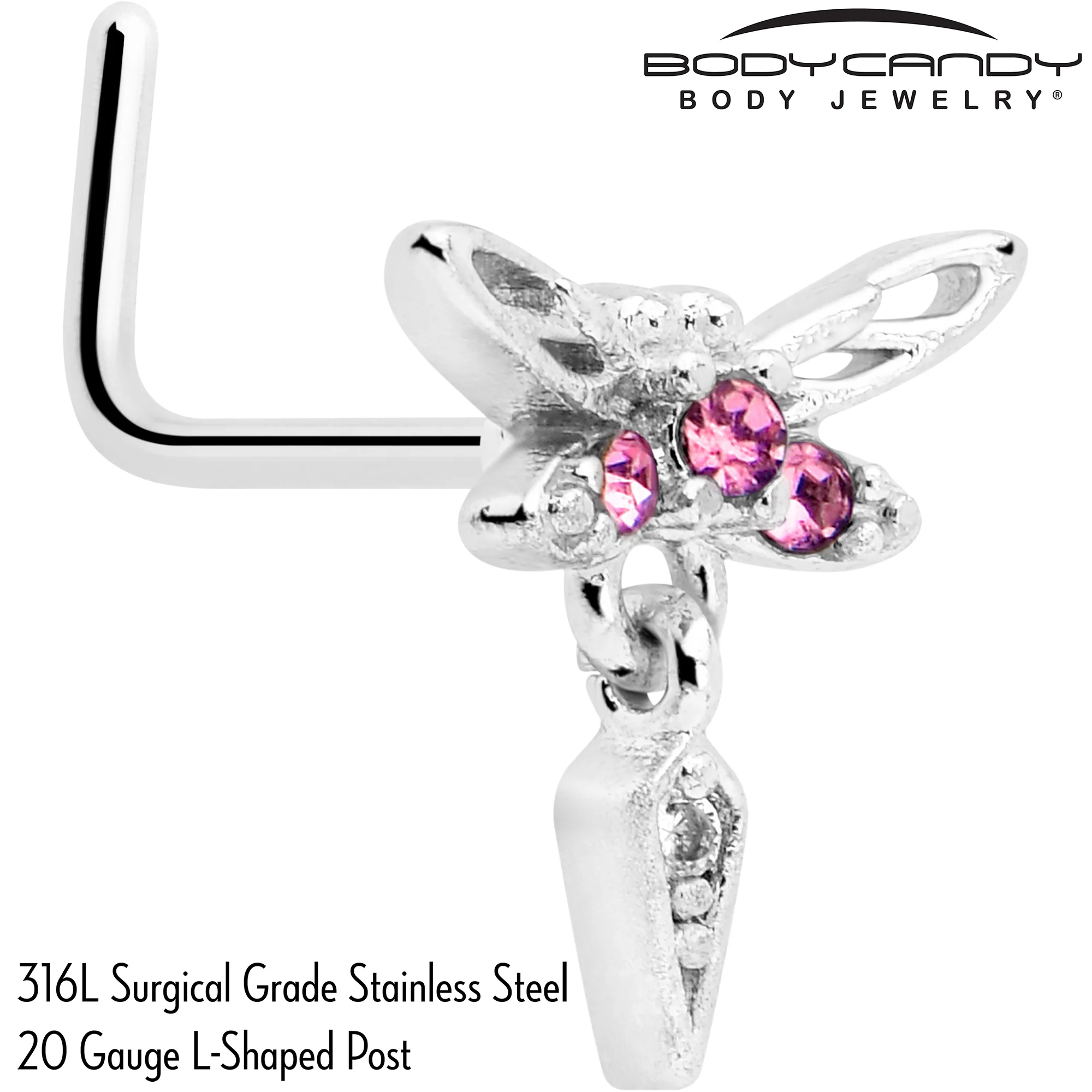 20G 7mm Pink Gem Swank Dragonfly Dangle L Shape Nose Ring - Image 2