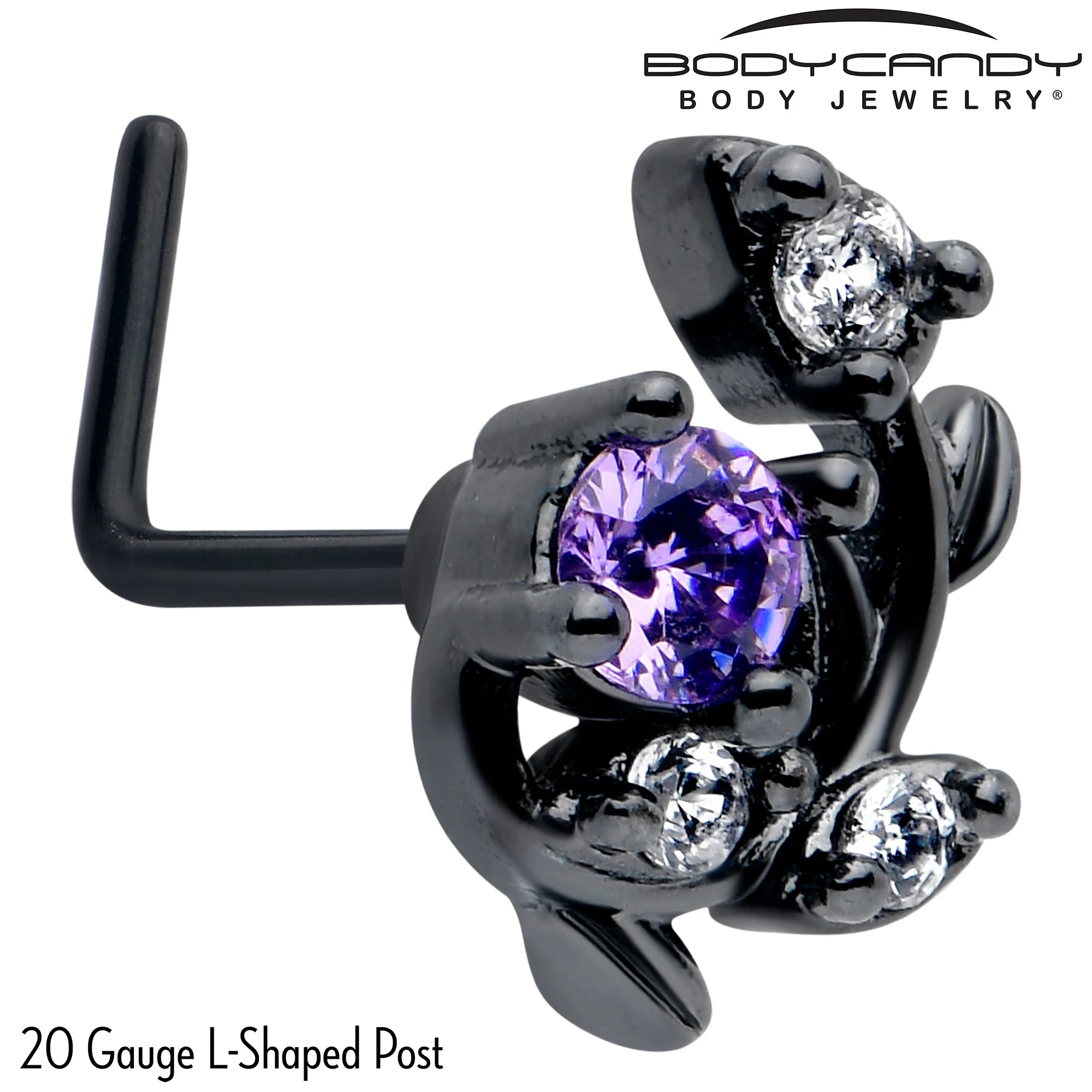 20G 7mm Purple Clear Gem Black Twining Vine L Shape Nose Ring - Image 2