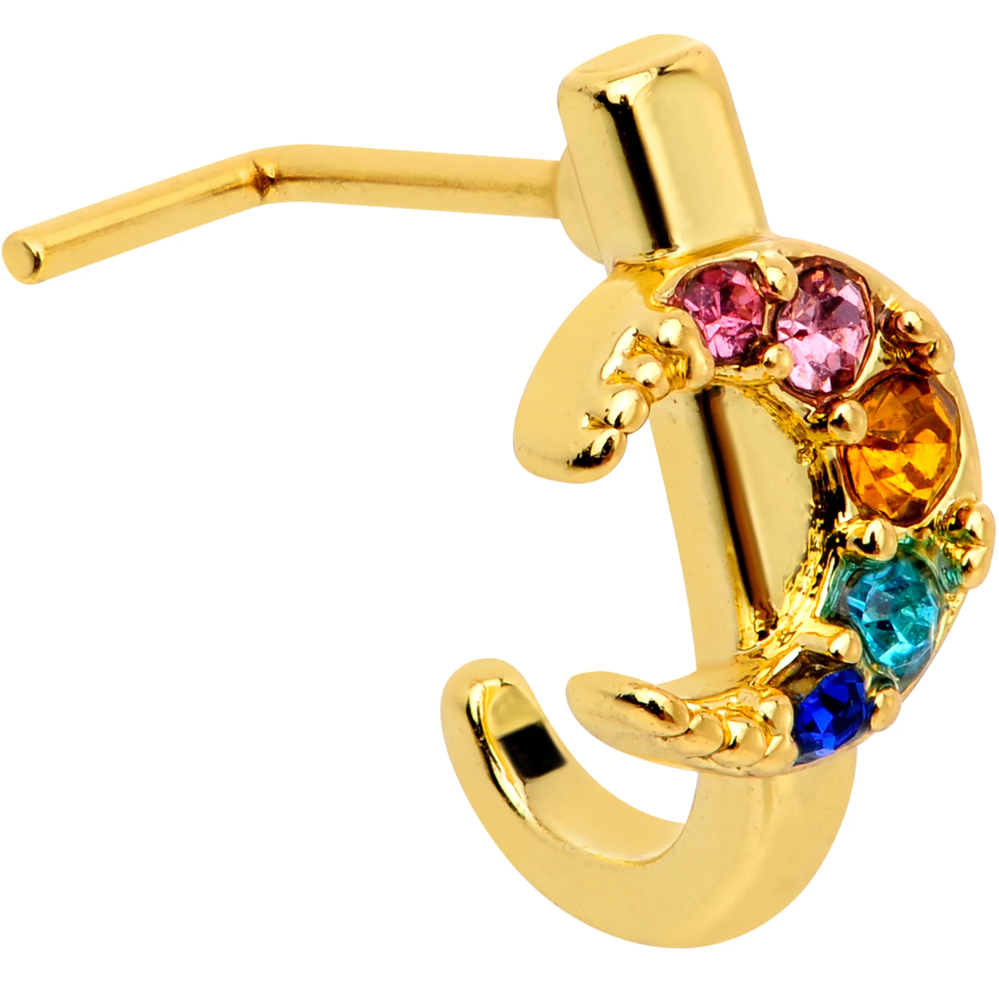 20G 7mm Rainbow Gem Gold Tone Crescent Moon L Shape Nose Ring - Image 2