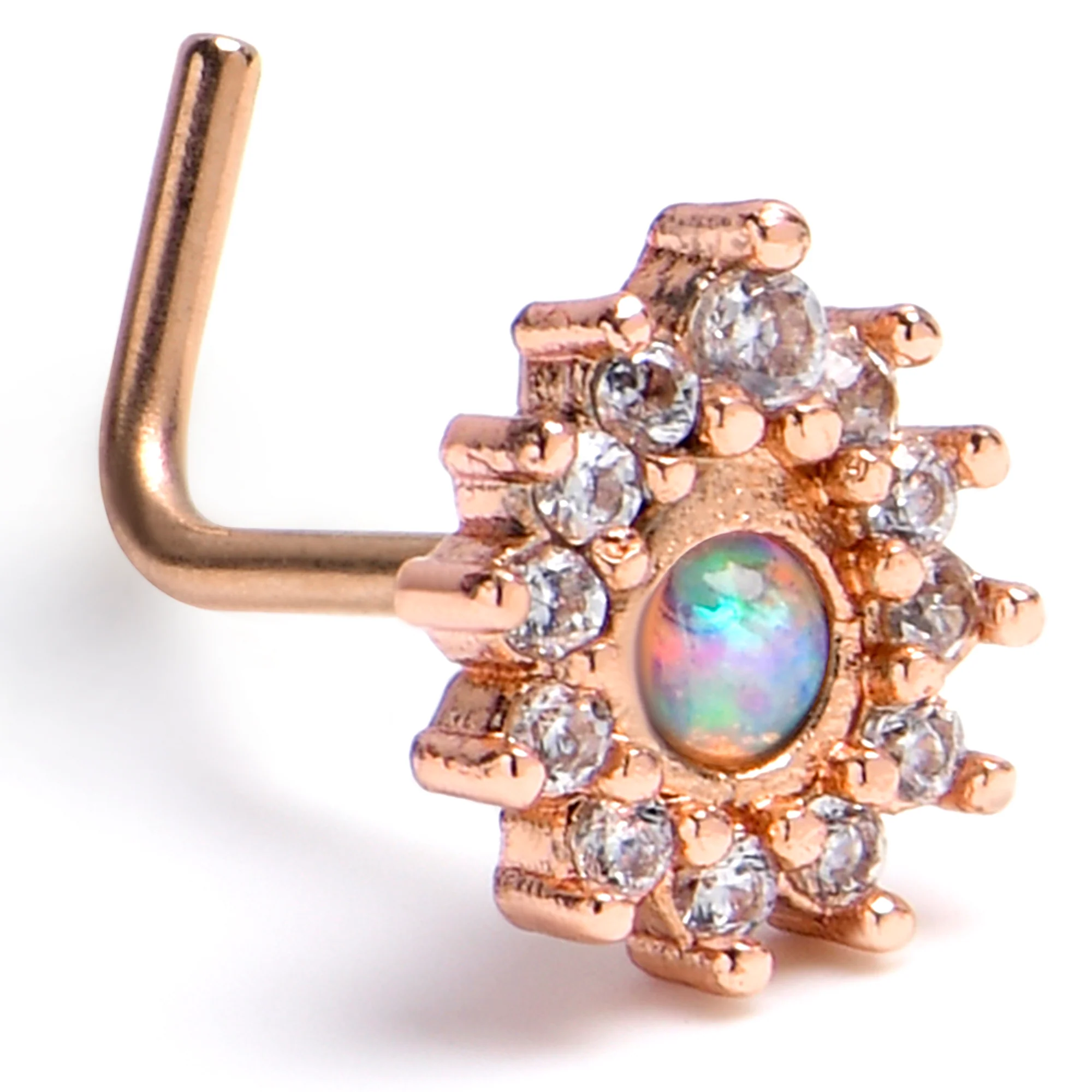 20G 7mm White Synthetic Opal Rose Gold Tone Lush L Shape Nose Ring - Image 6