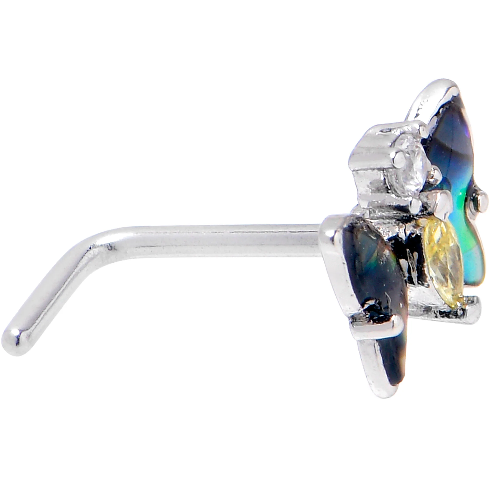 20G 7mm Yellow Clear Gem Dark Butterfly L Shape Nose Ring - Image 3
