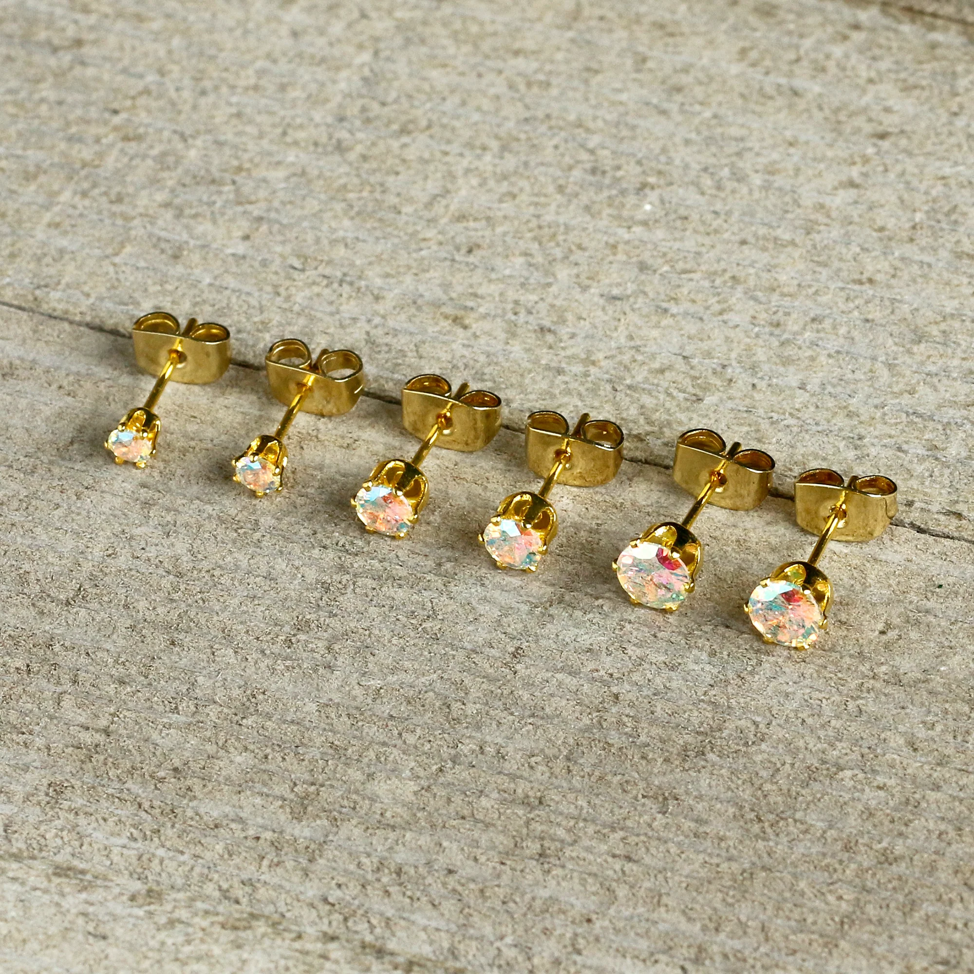 20G Aurora CZ Gem Gold Tone 3mm to 5mm Post Stud Earring Set of 3 - Image 6
