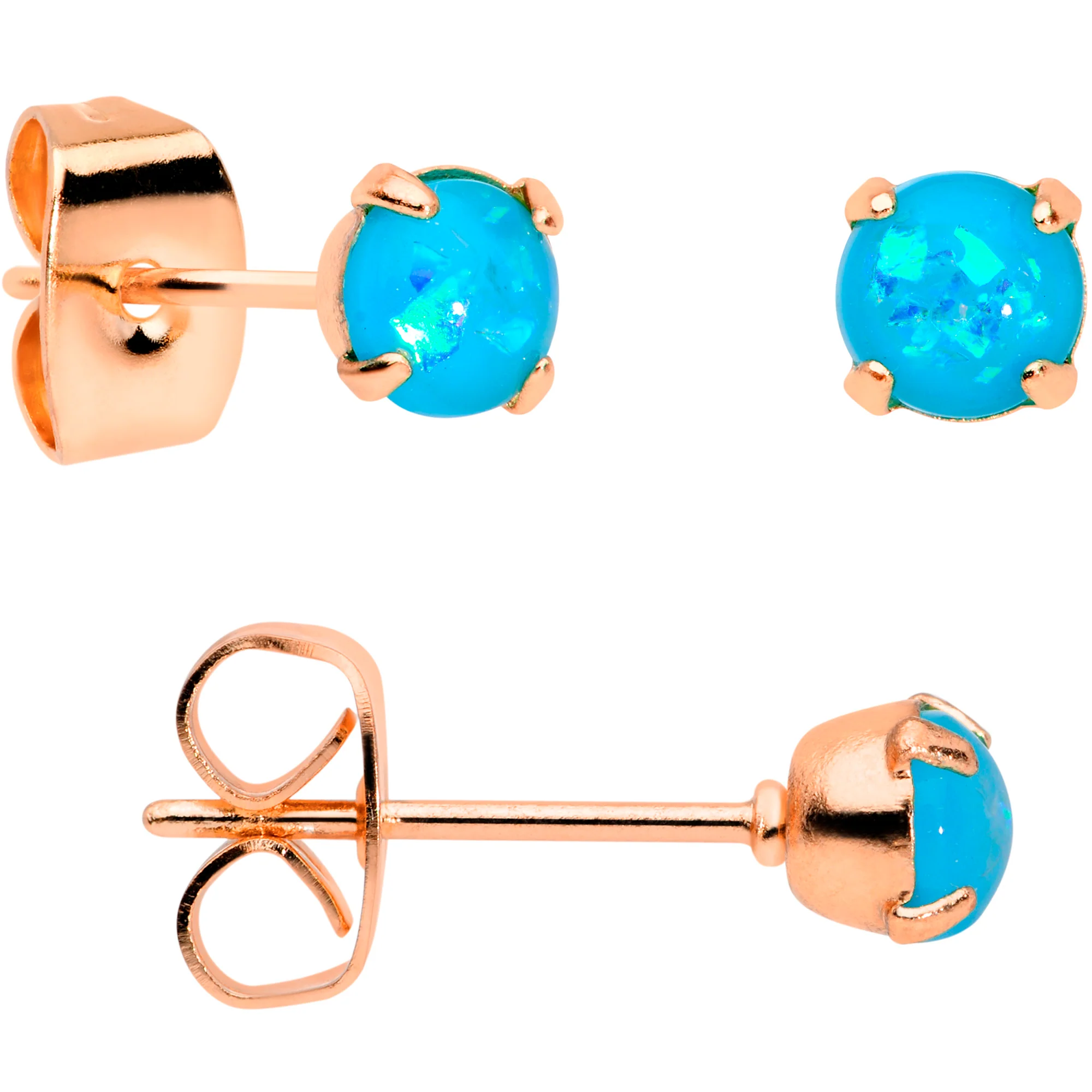 20G Blue Faux Opal Rose Gold Tone 3mm 5mm Stud Earrings Set of 3 - Image 3