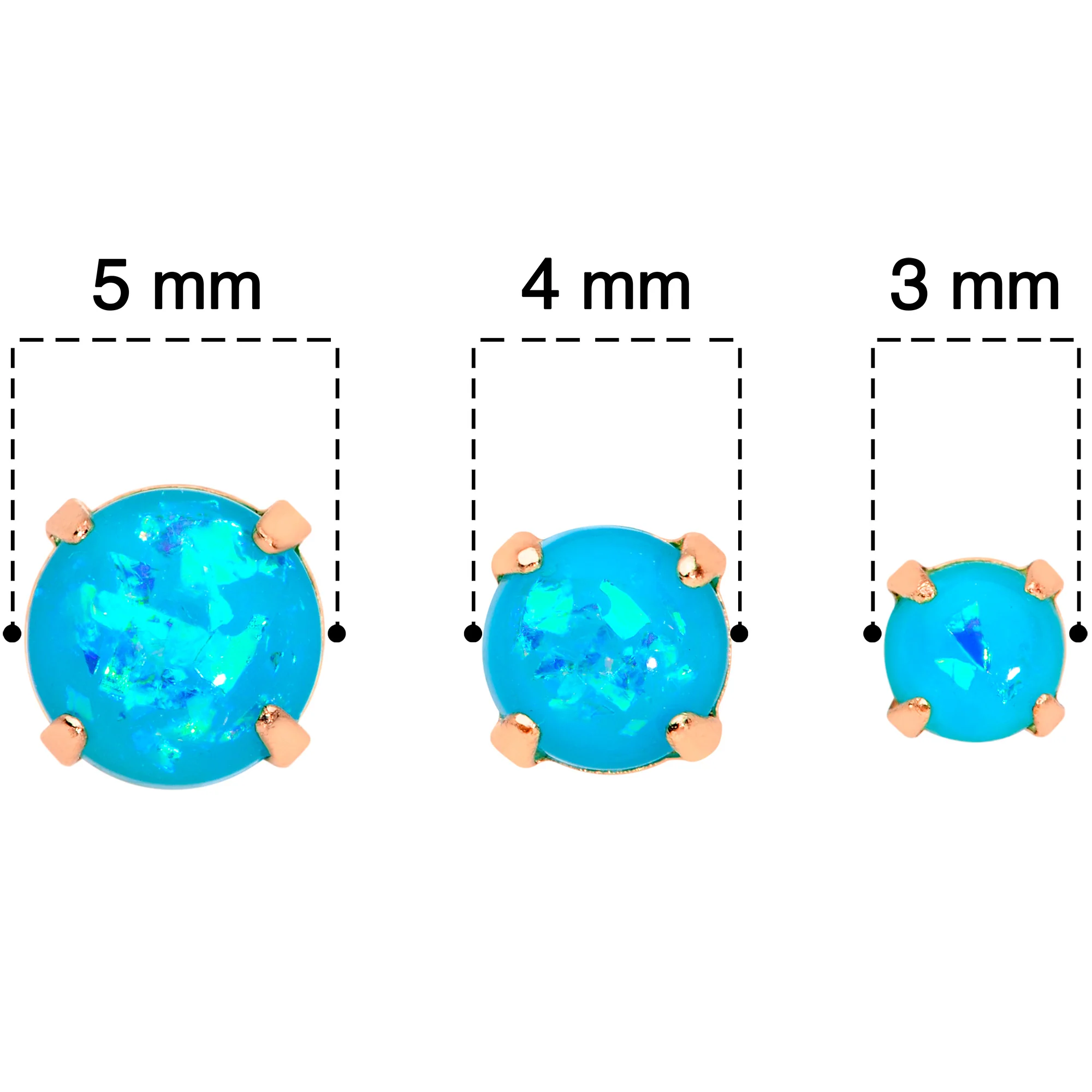 20G Blue Faux Opal Rose Gold Tone 3mm 5mm Stud Earrings Set of 3 - Image 5