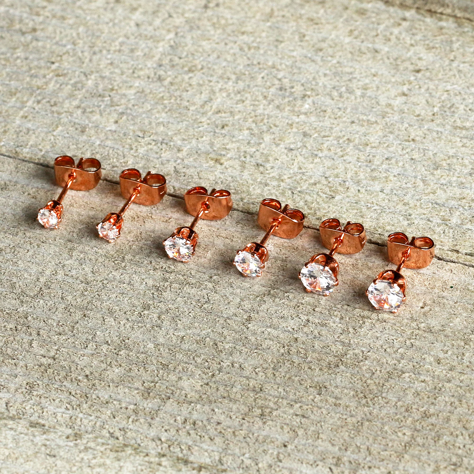 20G Clear CZ Gem Rose Gold Tone Post Stud Earring Set of 3 - Image 6