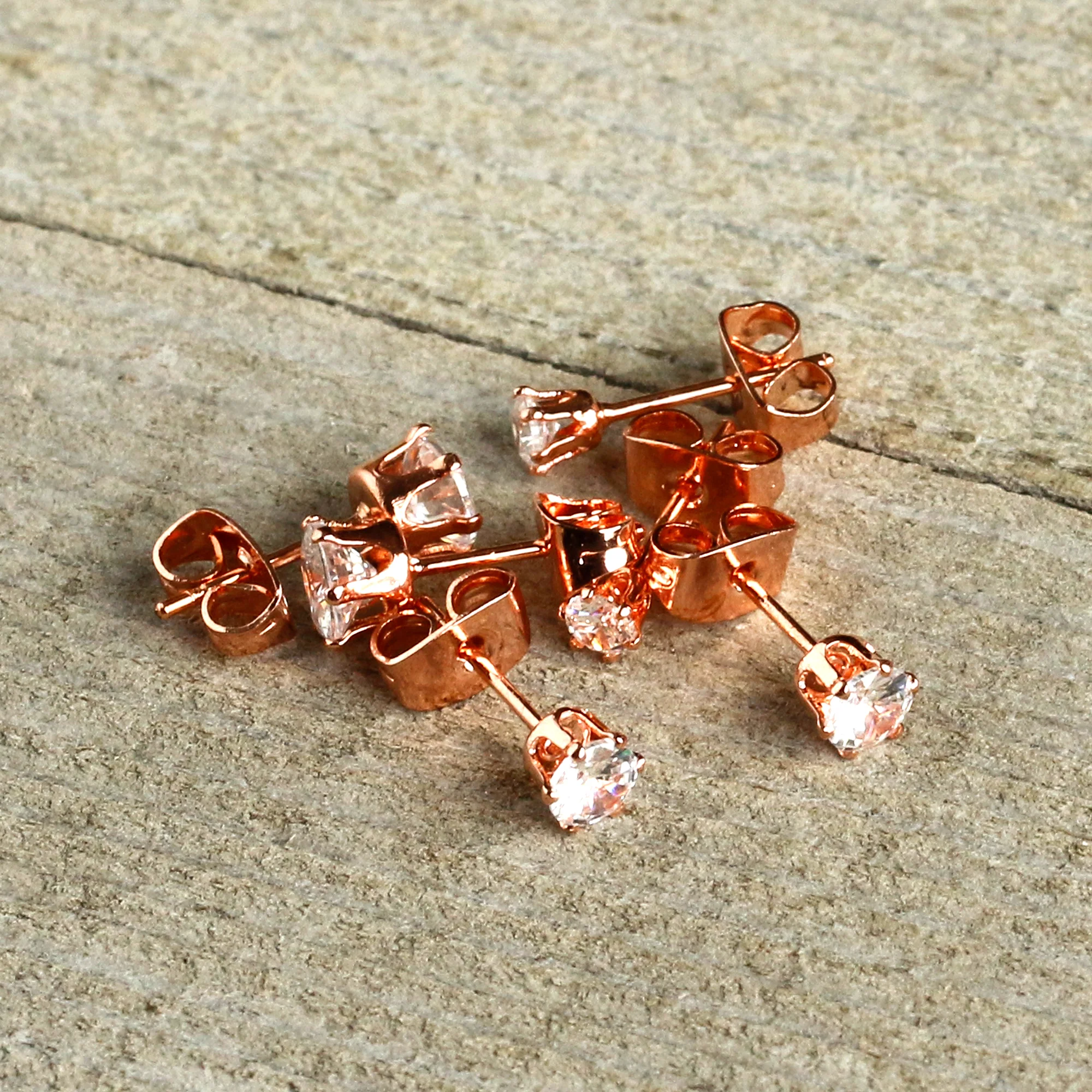 20G Clear CZ Gem Rose Gold Tone Post Stud Earring Set of 3 - Image 7