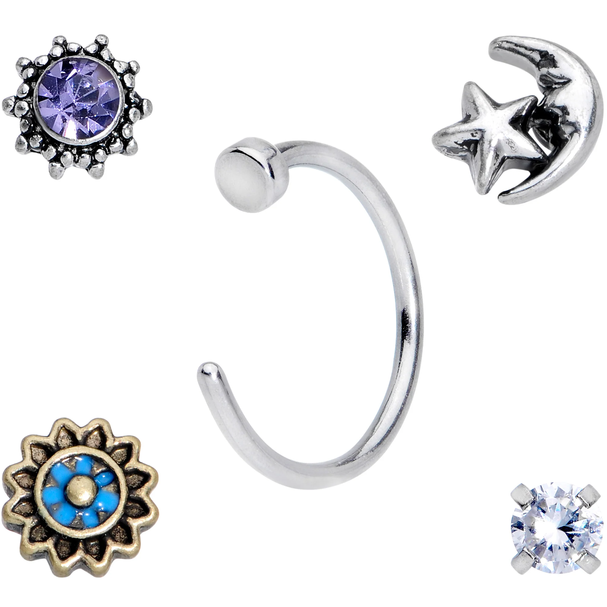 20G Clear CZ Gem Sun Moon Assorted L Shaped Nose Ring Set of 6 - Image 2