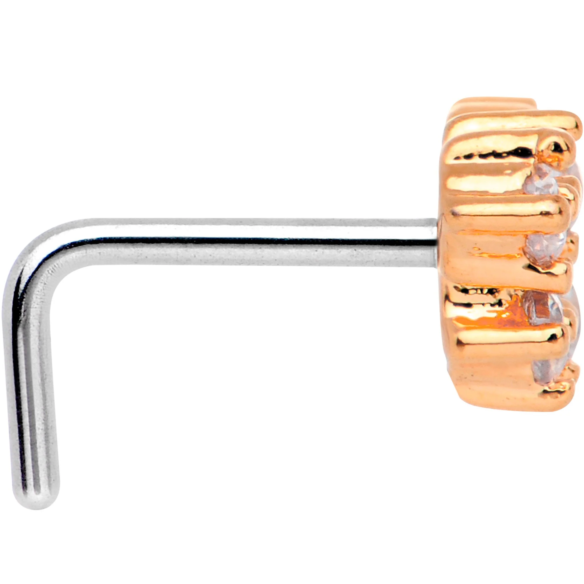 20G Clear CZ Rose Gold Tone Heart Faux Hoop L Shaped Nose Ring - Image 3