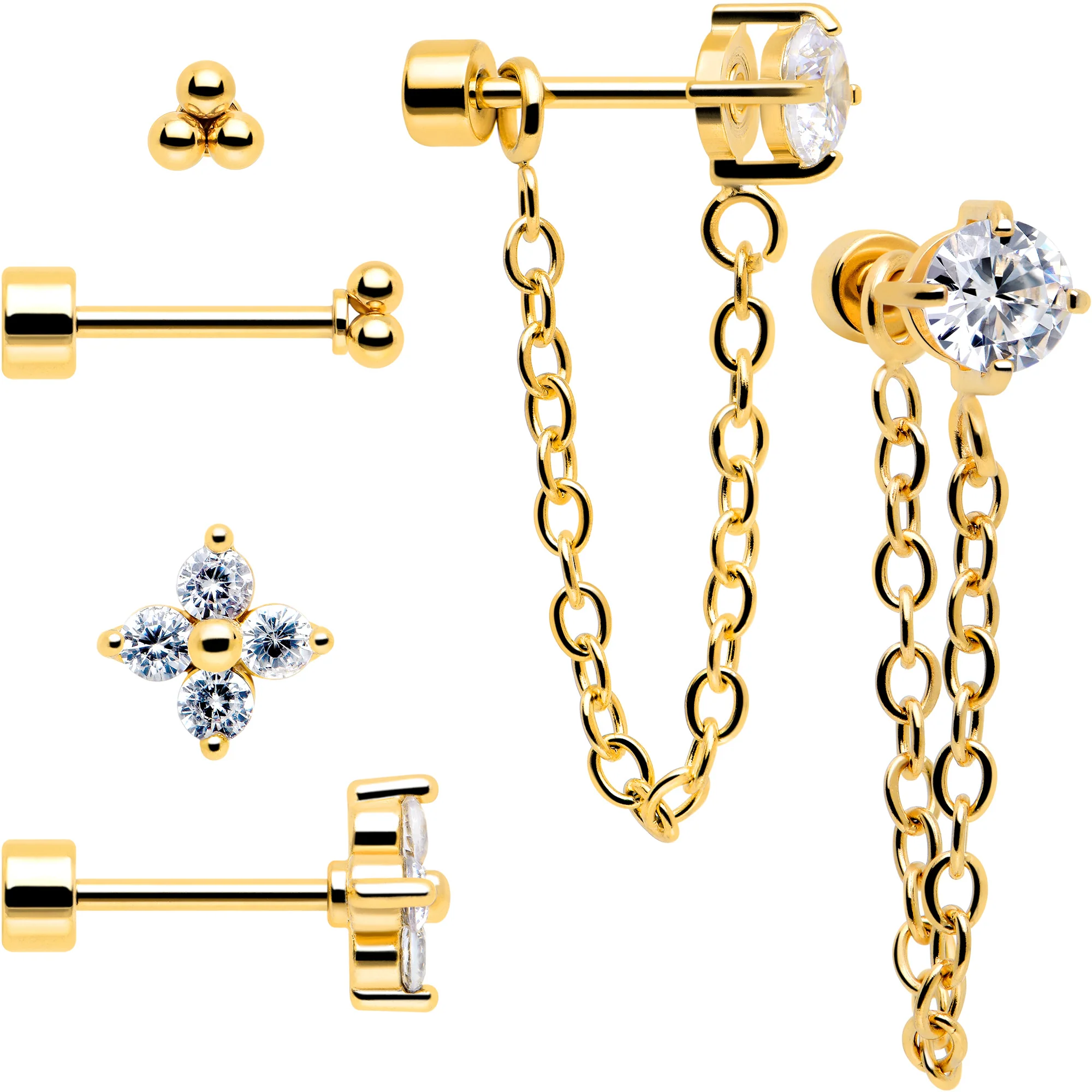 20G Clear Gem Gold Tone Ball Chain Dangle Flatback Earring Set of 6 - Image 3