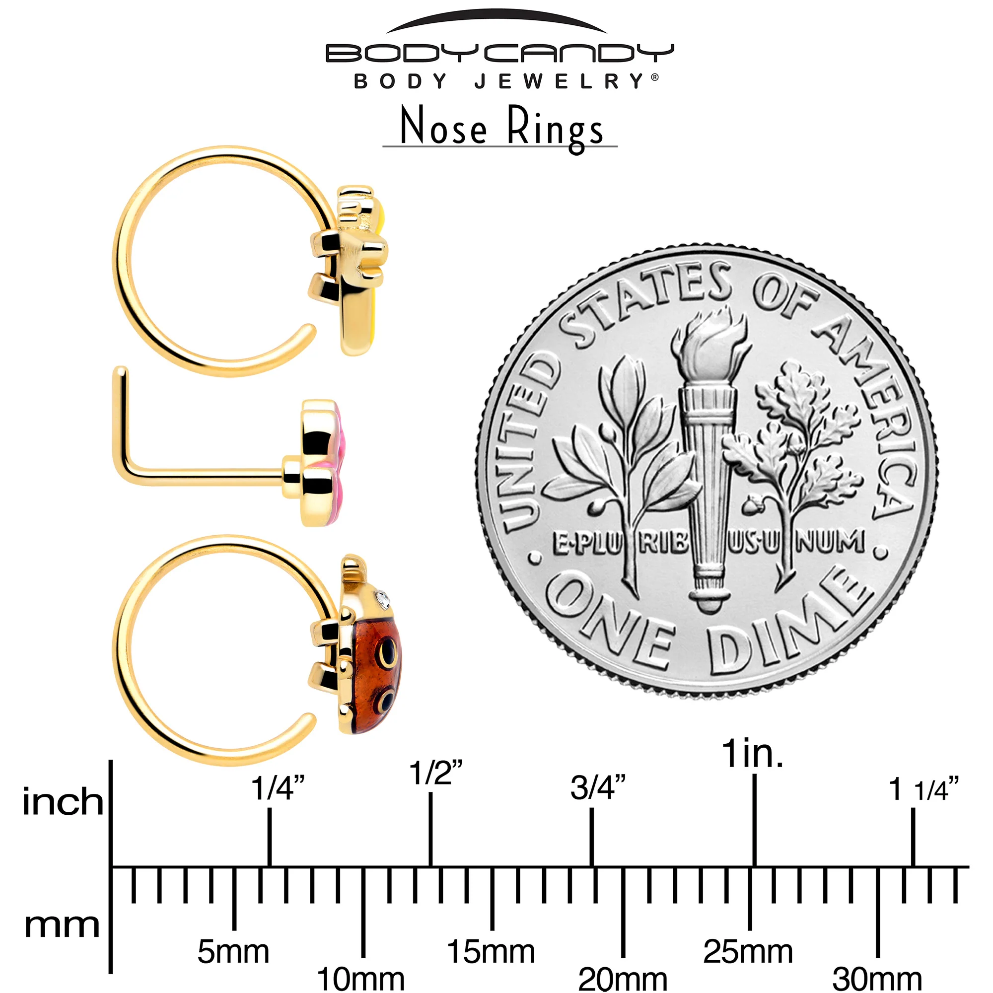 20G Clear Gem Gold Tone Lotus Ladybug L Shape Nose Hoop Set of 3 - Image 6