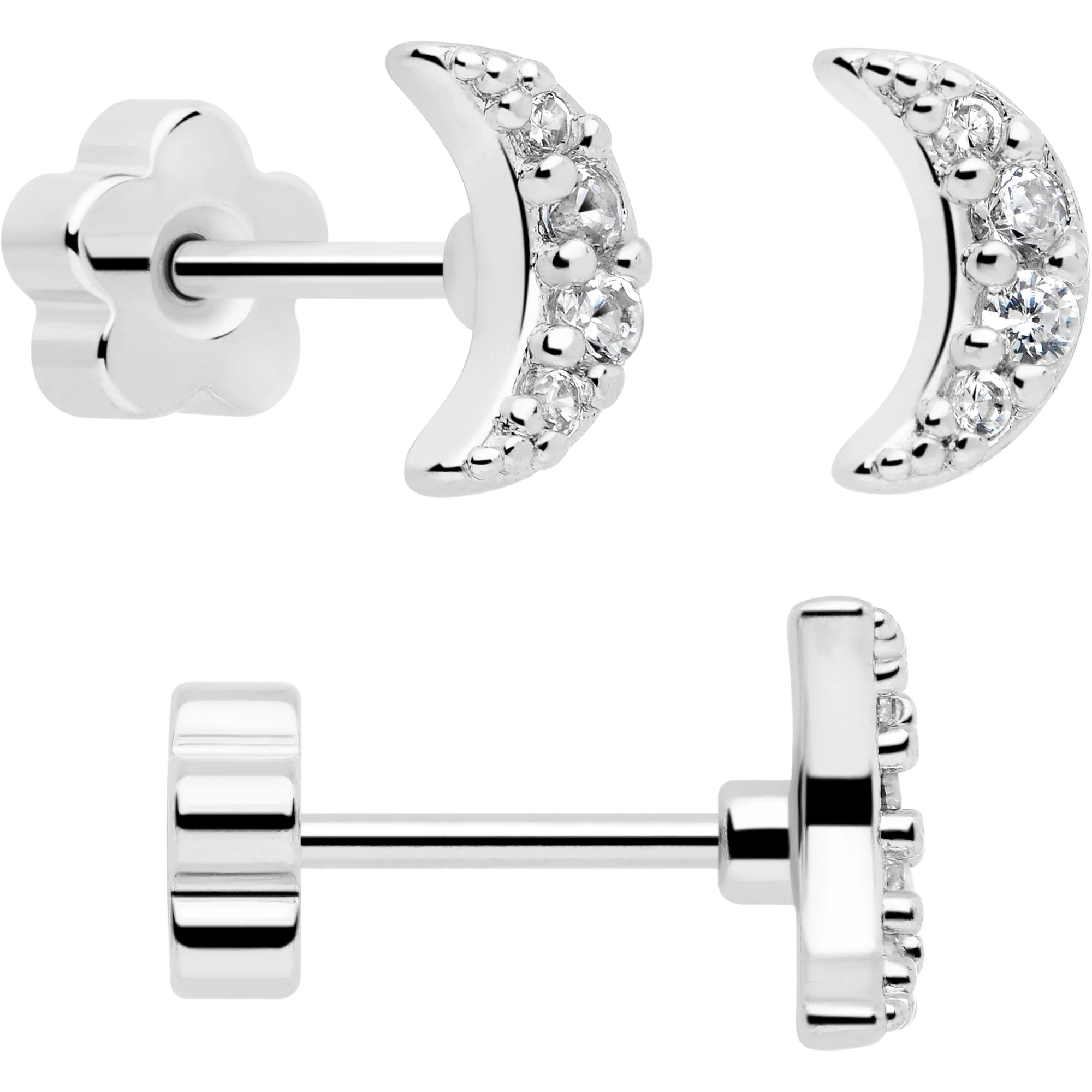 20G Clear CZ Gem Moon Circle Bar Reversible Flower Flat Back Earring Set of 6 - Image 7