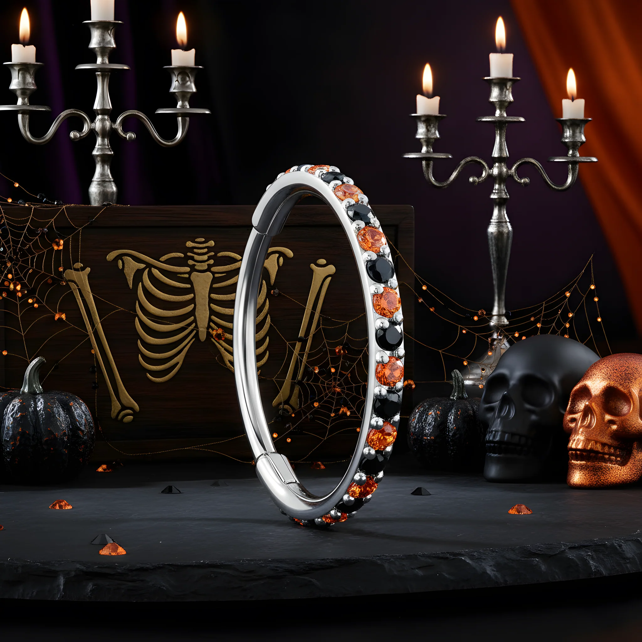 20G Micro Gem Titanium Hinged Nose Hoop - Black Orange Nose Ring - Image 3