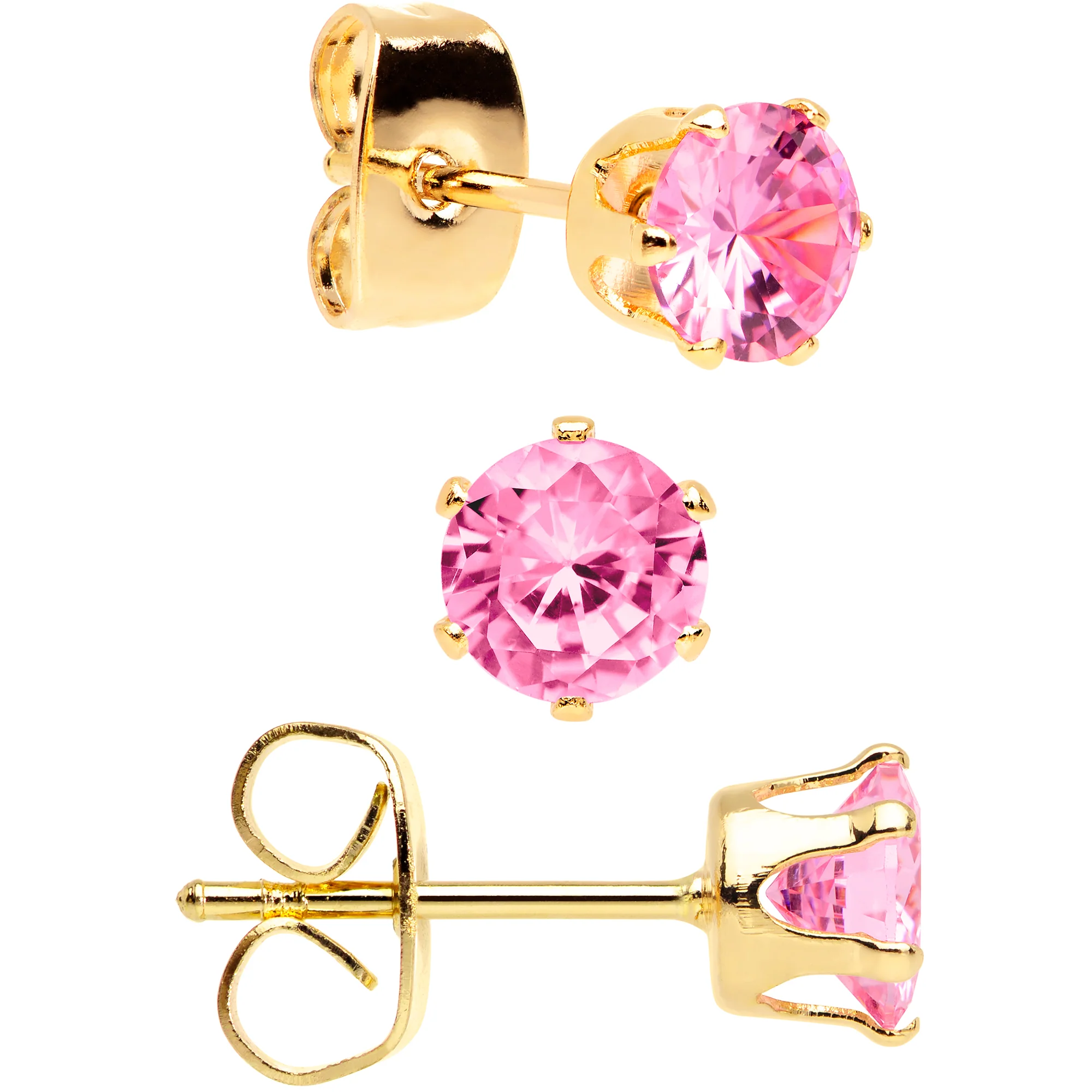 20G Pink CZ Gem Gold Tone 3mm to 5mm Post Stud Earring Set of 3 - Image 2