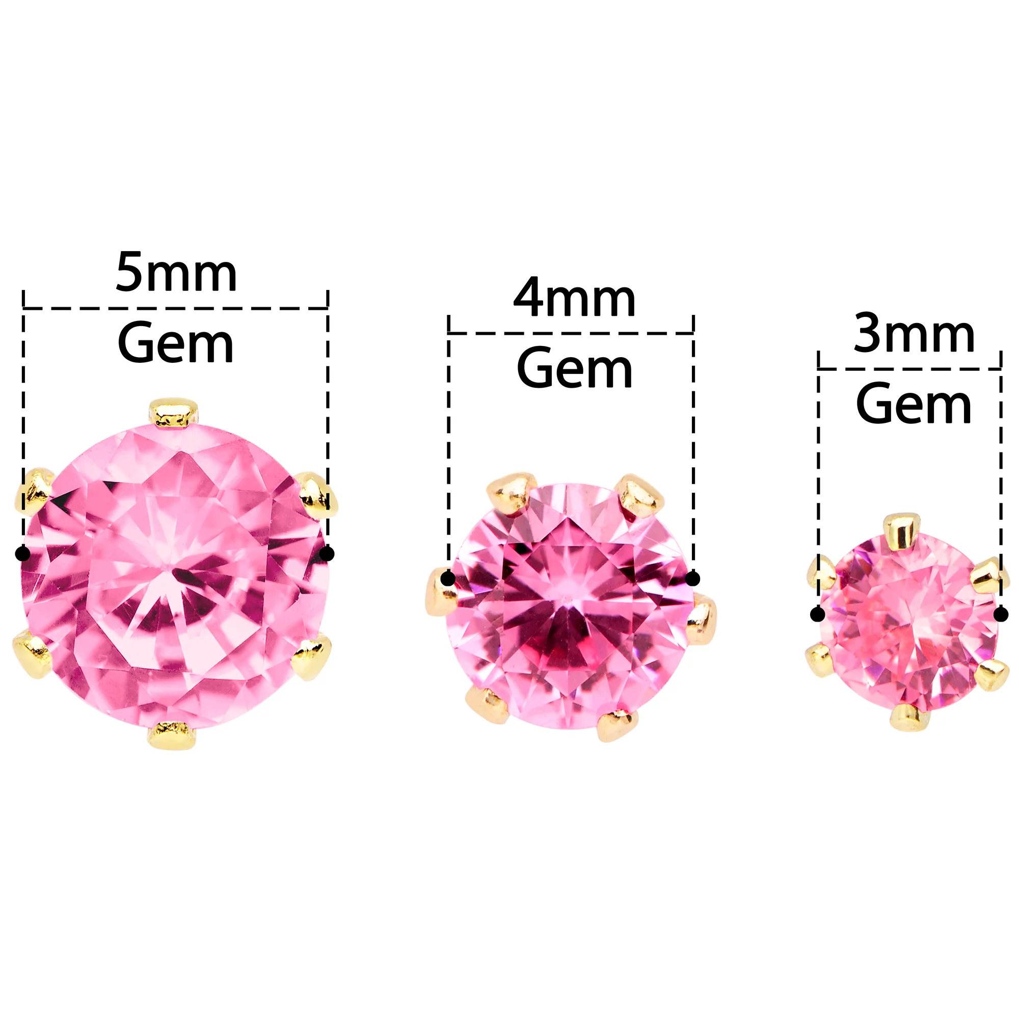 20G Pink CZ Gem Gold Tone 3mm to 5mm Post Stud Earring Set of 3 - Image 5
