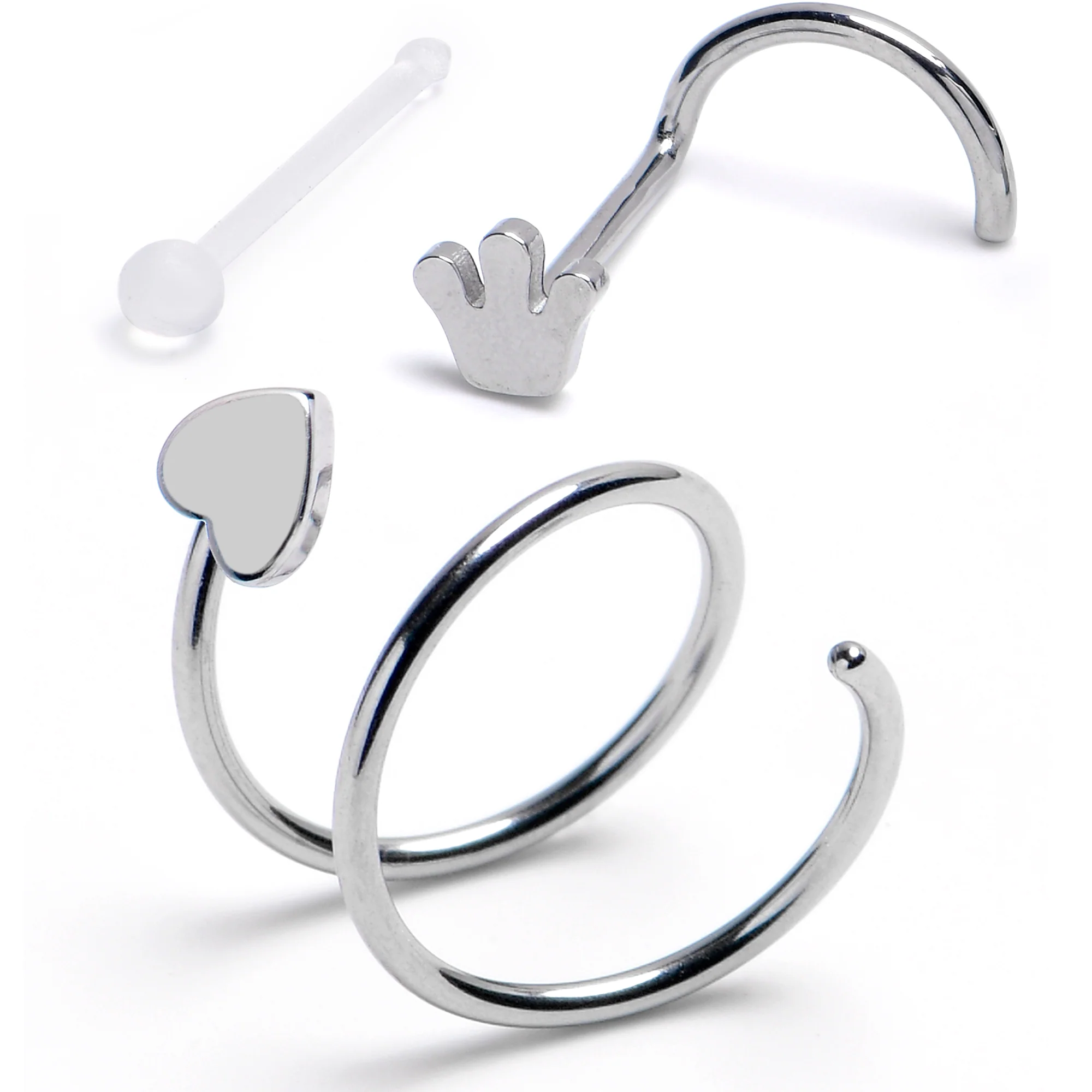 20G Spiral Heart Crown Acrylic Nose Ring Set of 3