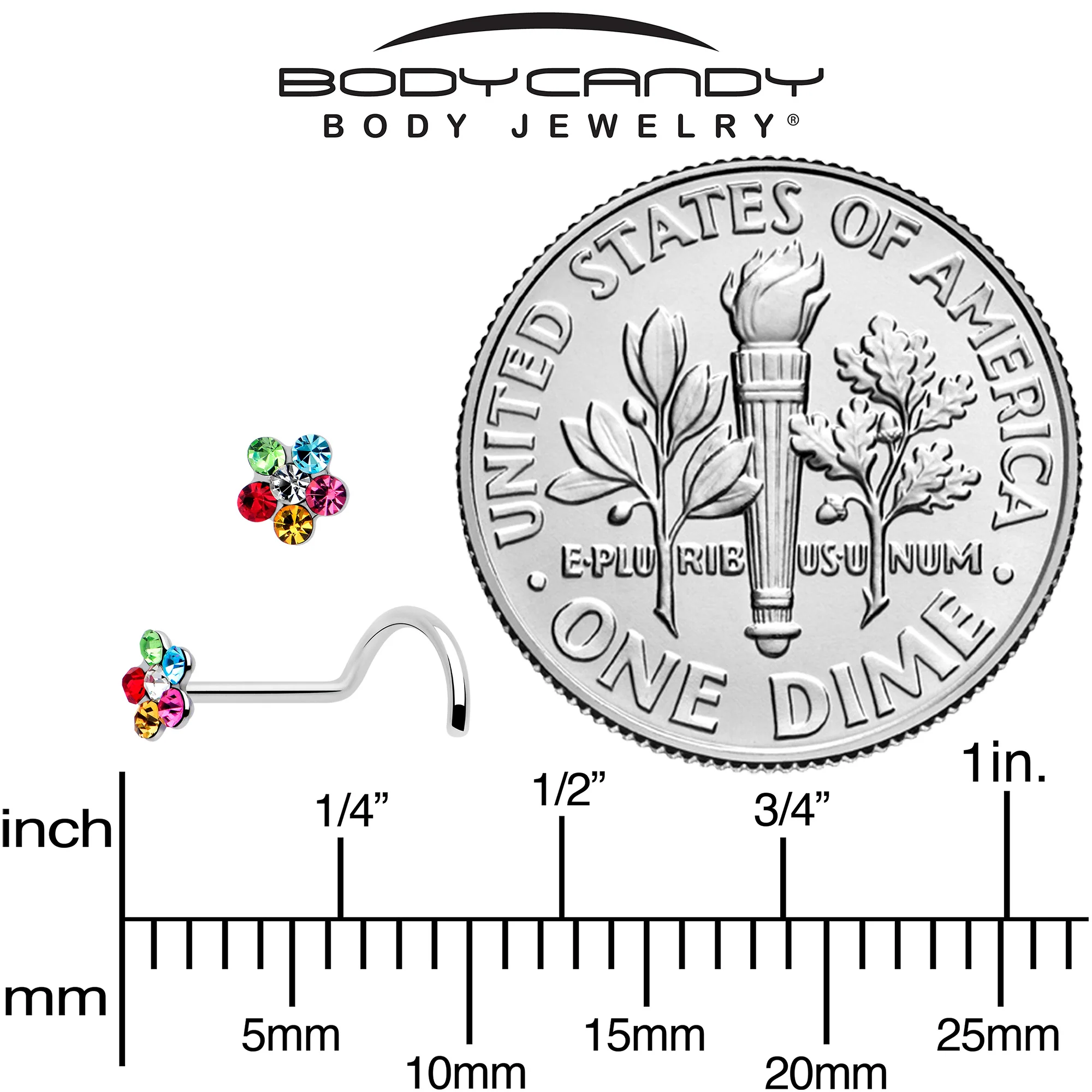 20G 1/4 Pink Blue Red Gem Hippie Flower Left Side Nose Screw - Image 5