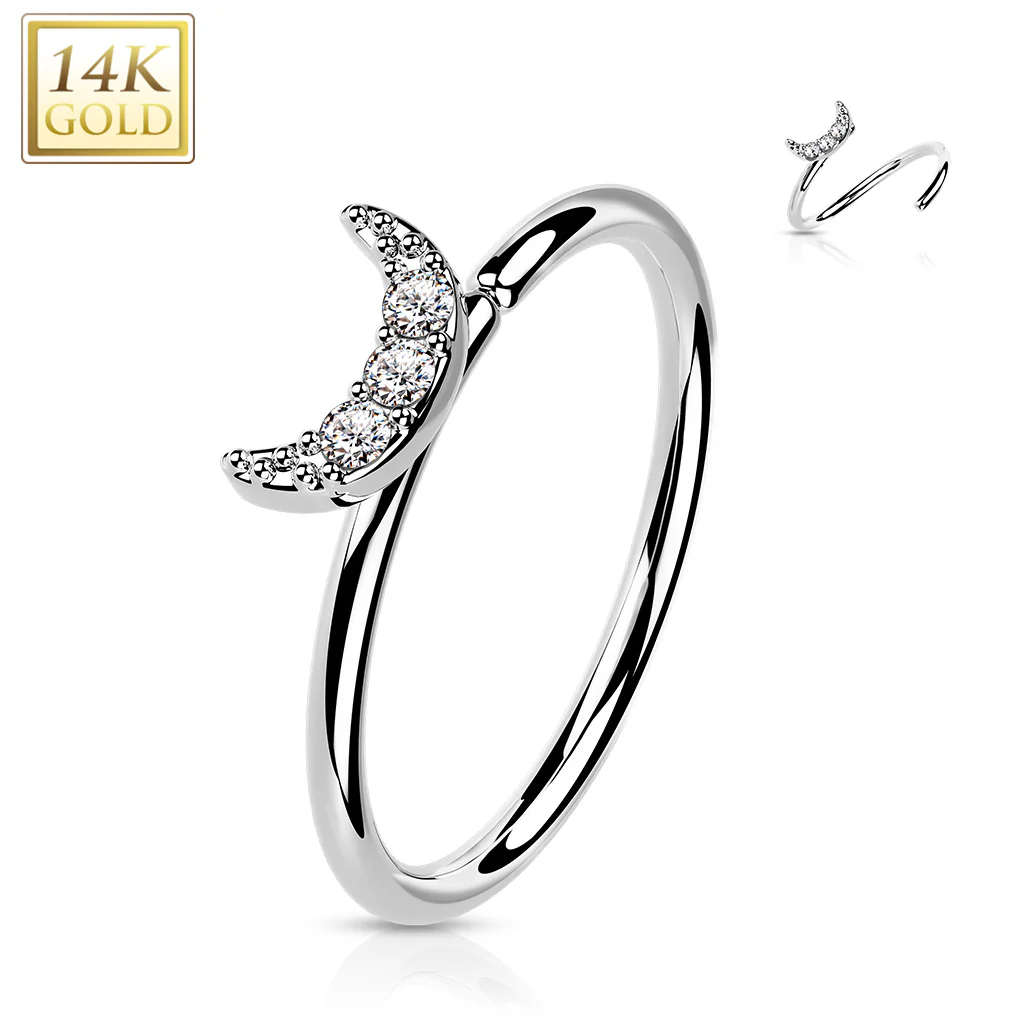 20G 5/16 Clear CZ Gem 14k Gold Crescent Moon Nose Hoop - Image 2