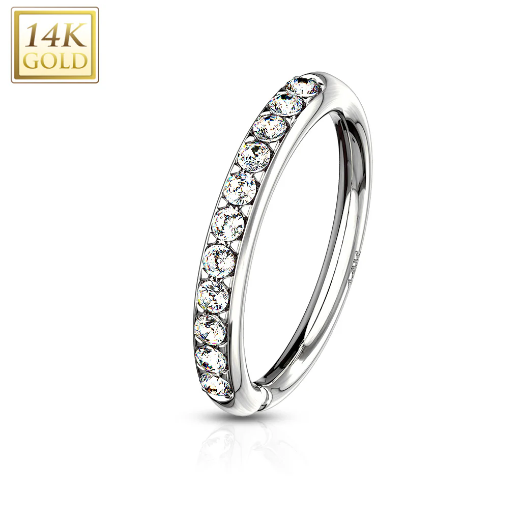 20G 5/16 Clear CZ Gem Solid 14k Gold Outward Facing Paved Seamless Nose Hoop - Image 2