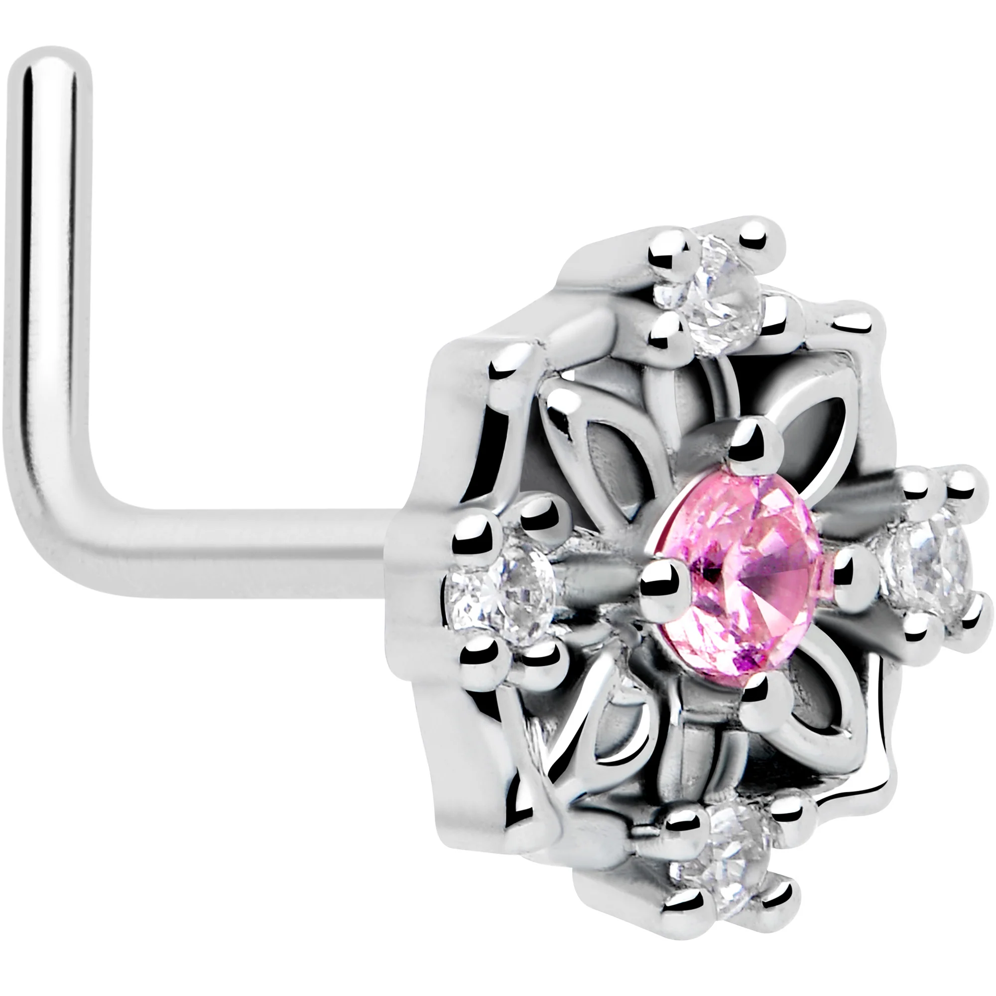 20G 7mm Pink CZ Gem Flower Circle L Shape Nose Ring