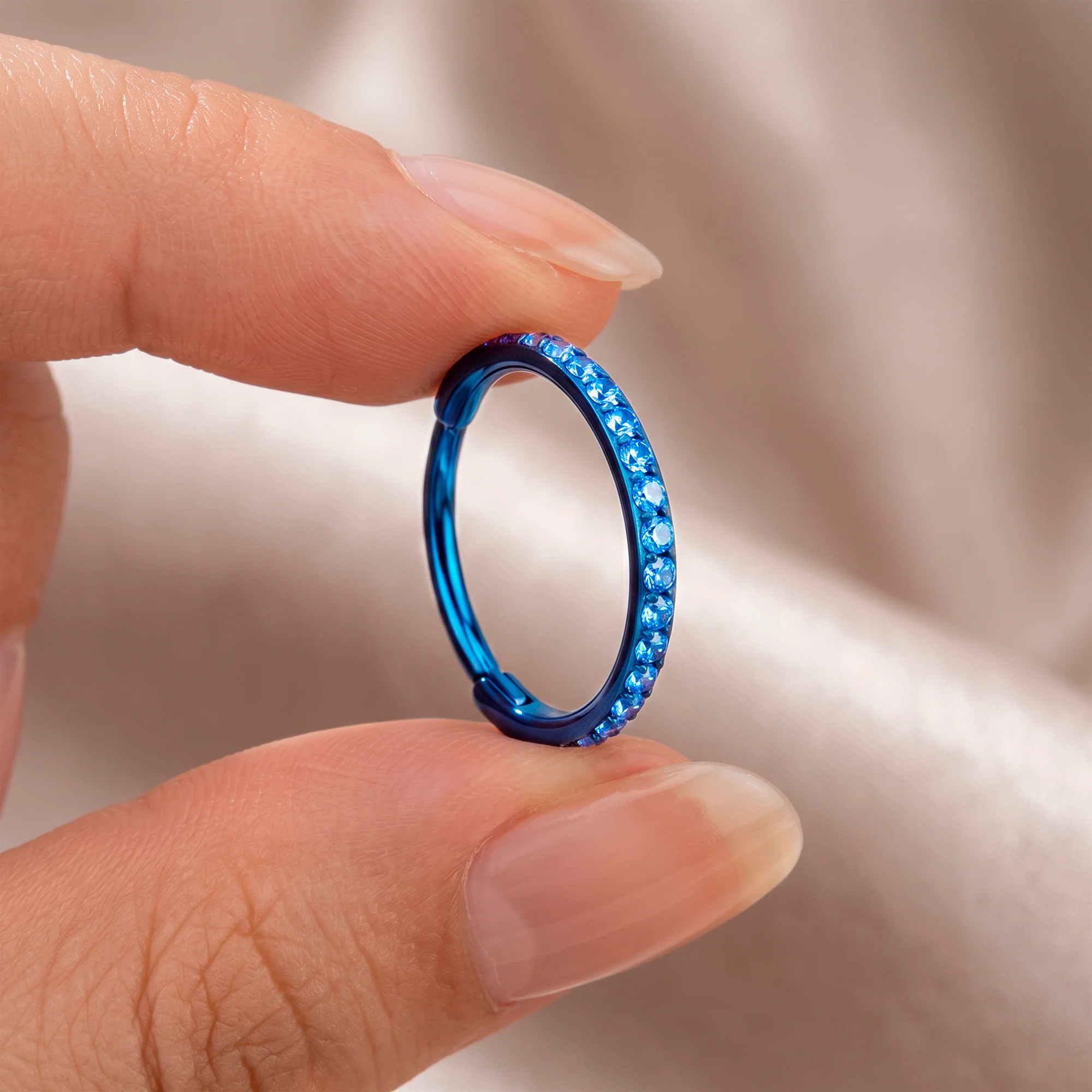 20G Micro Gem Implant Grade Titanium Hinged Nose Hoop - Blue CZ Nose Ring - Image 5