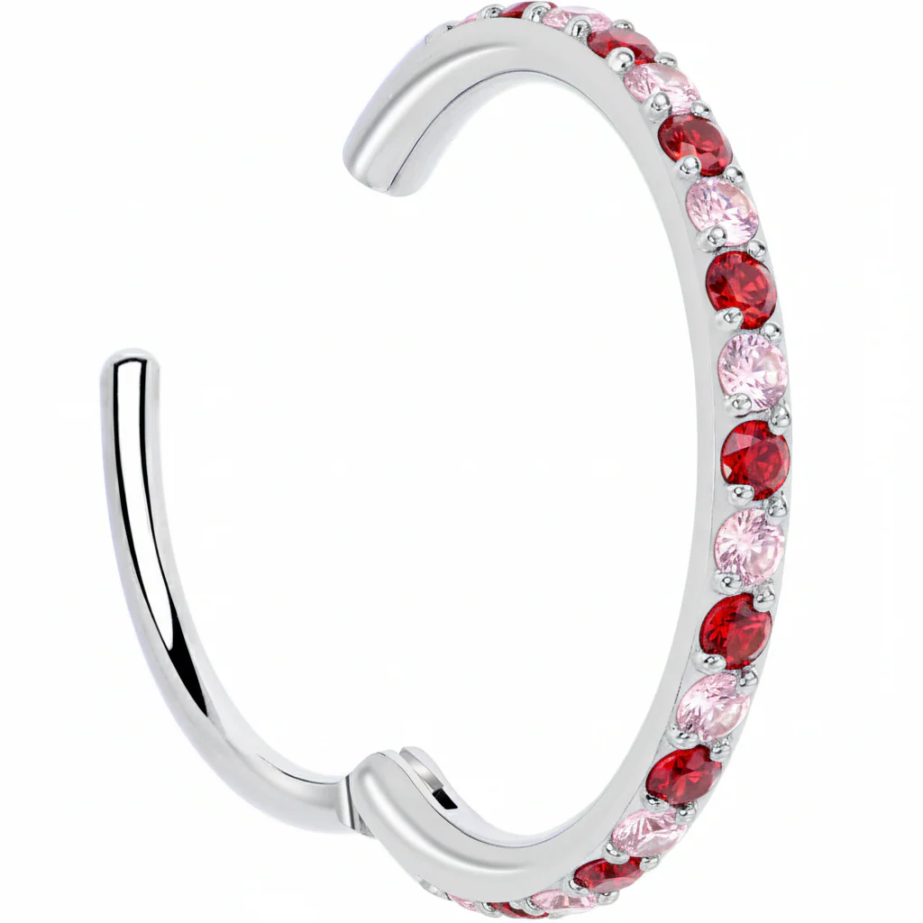 20G Micro Gem Titanium Hinged Nose Hoop - Pink Red Nose Ring - Image 2