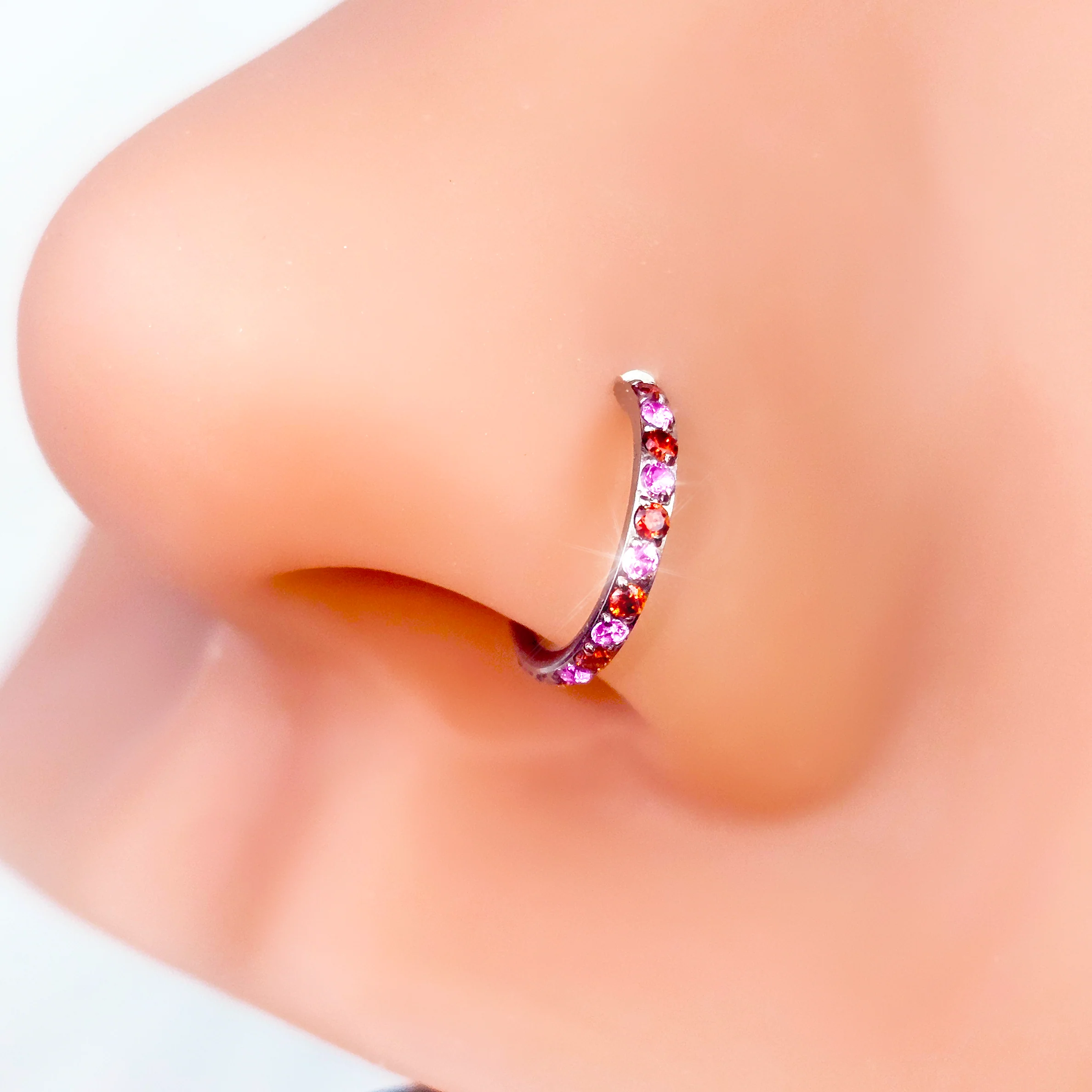20G Micro Gem Titanium Hinged Nose Hoop - Pink Red Nose Ring - Image 3