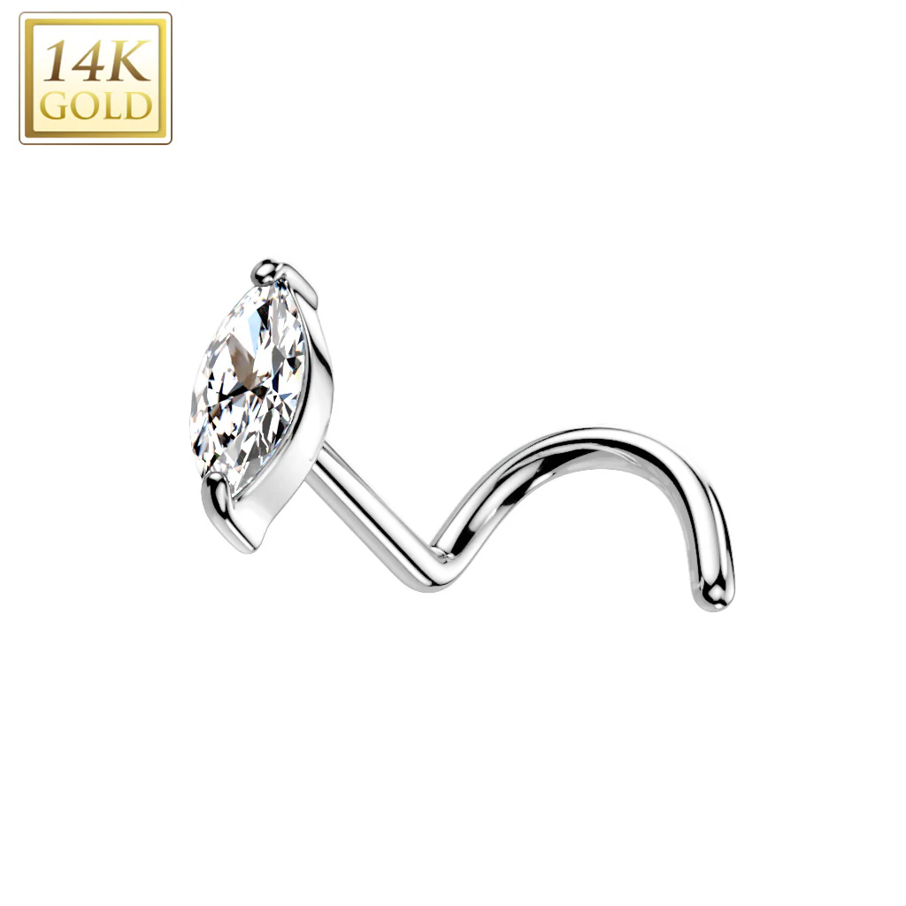 20G Solid 14k Gold Marquise CZ Nose Ring - Image 2