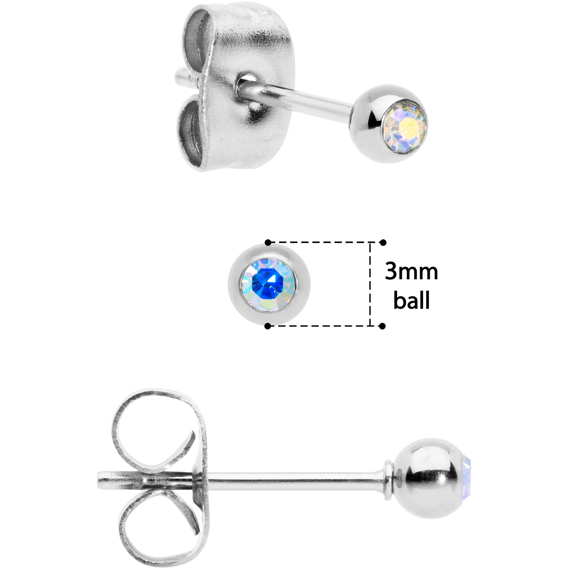 3mm 4mm 5mm Aurora Gem Ball 316L Stainless Steel Stud Earrings 3 Pack - Image 4