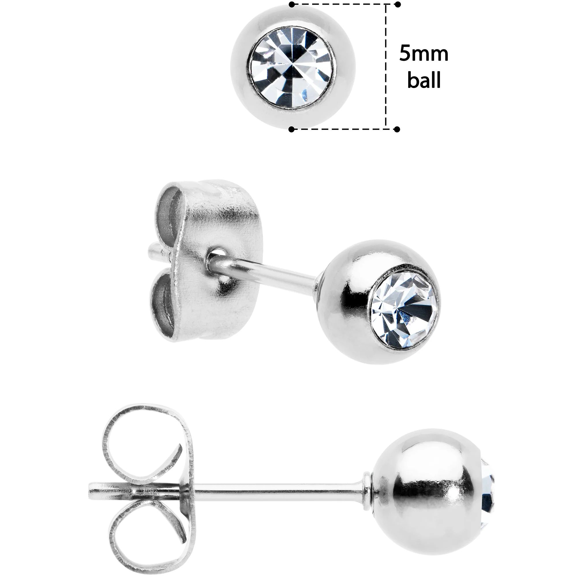 3mm 4mm 5mm Clear Gem Ball 316L Stainless Steel Stud Earrings 3 Pack - Image 2